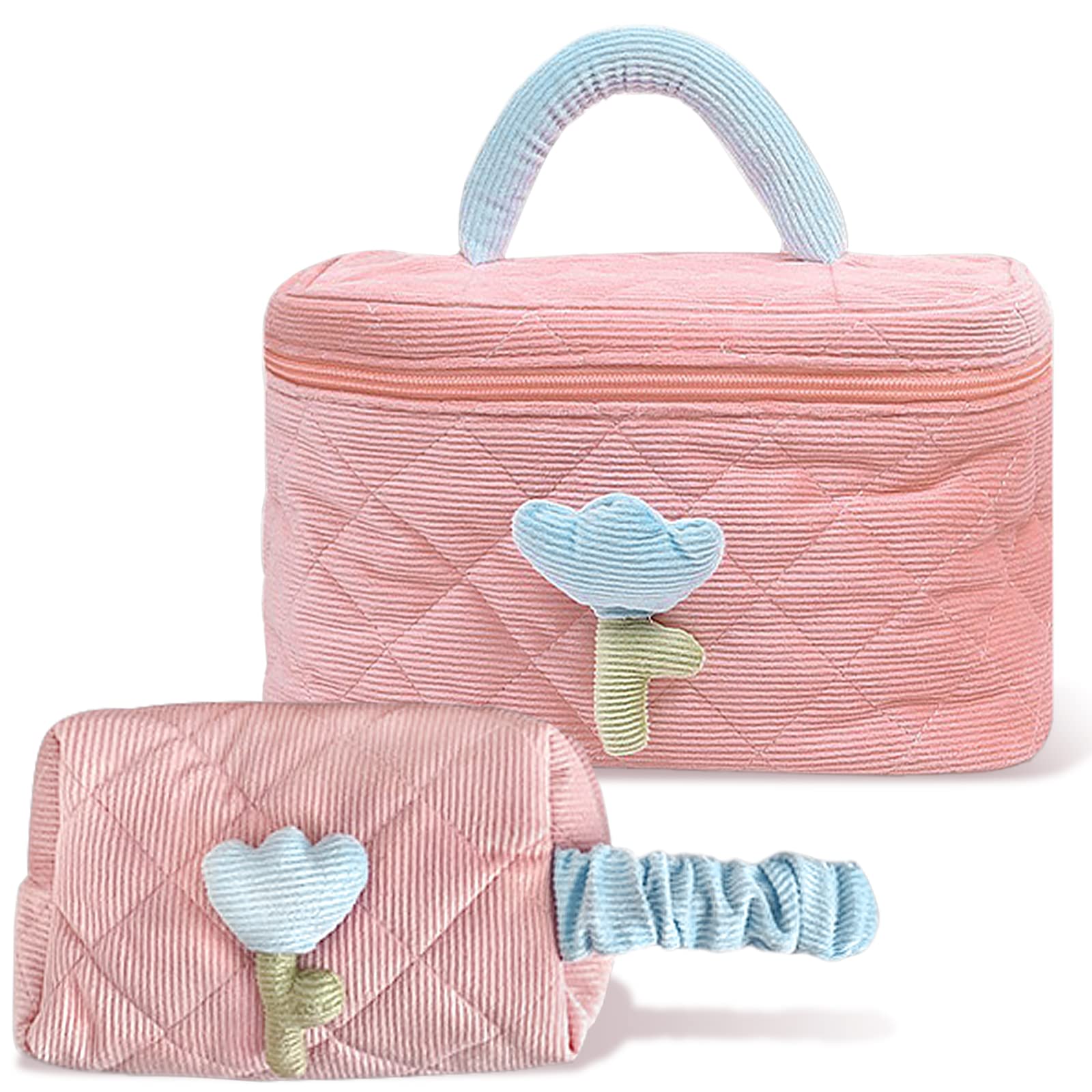 PAGETOC Lovely Makeup Bags for Women Tulip Academy Style Makeup Bag organizer large Corduroy Makeup Bag Set 2 (Pink) Portable Makeup Bag