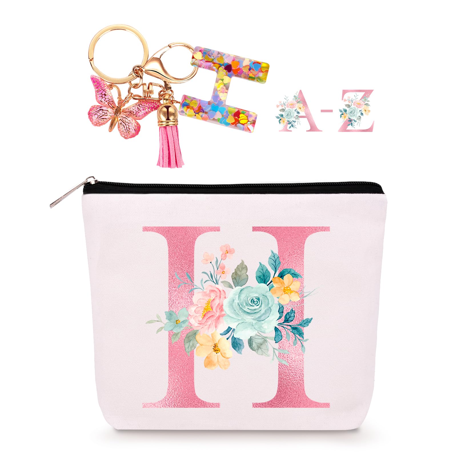 LingdeerPersonalized Makeup Bag with Initial Keychain, Custom Travel Initial Makeup Bag, Birthday Gifts for Women Girl Bridesmaid Teens Teacher, Monogram Small Cosmetic Preppy Toiletry Pouch, H,