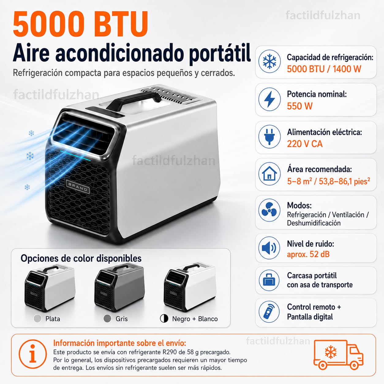 Aire acondicionado portátil 220V-240V 1400W 5000BTU Nuevo modelo Gray-220V | Refrigeración para 8-10 m² con deshumidificación, modo sueño, temporizador y pantalla LCD táctil para hogar y oficina.