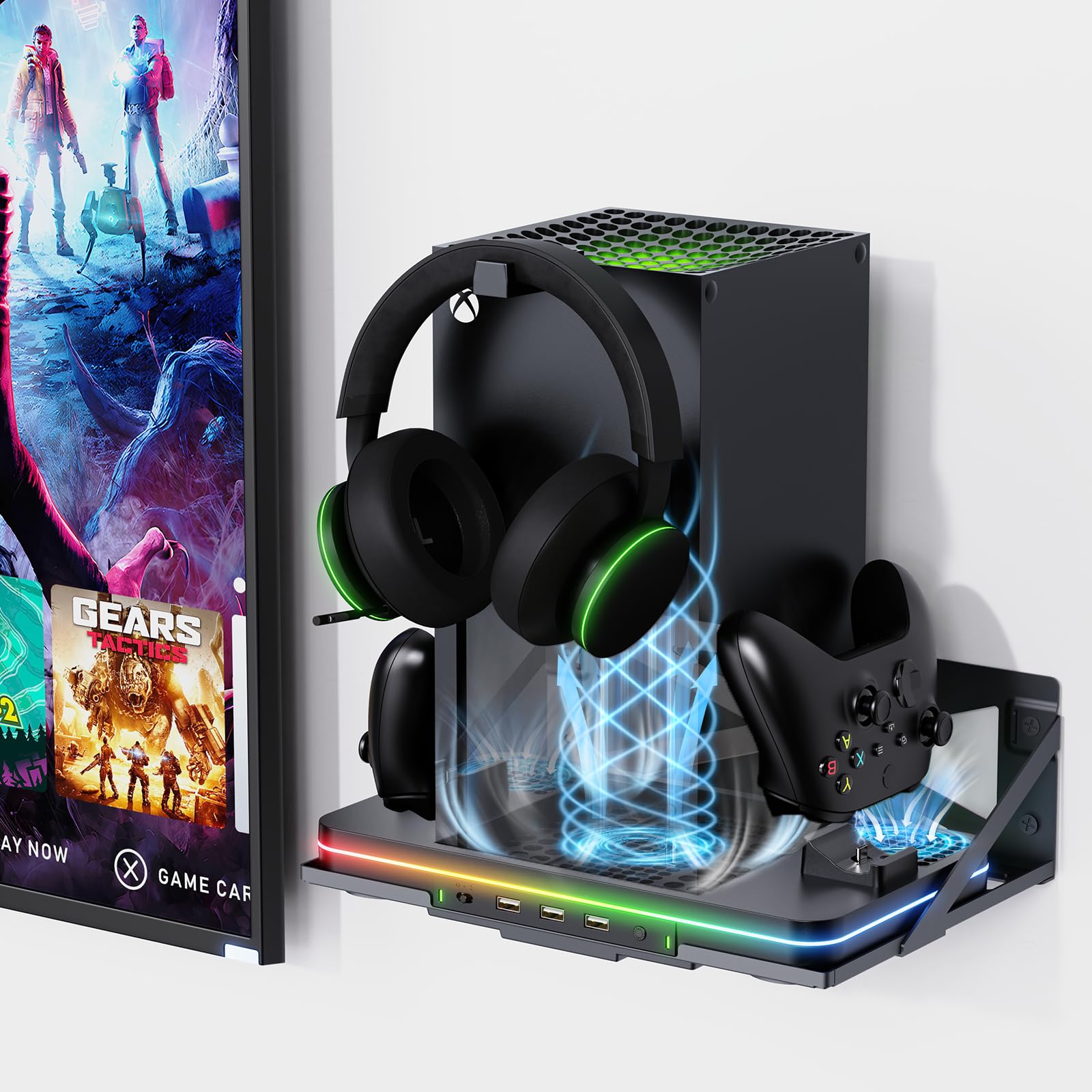 Supporto da parete con supporto di ricarica di raffreddamento per Xbox Series X/S, stazione di ricarica verticale doppio controller Luckit compatibile con console Xbox Series X/S, accessori con