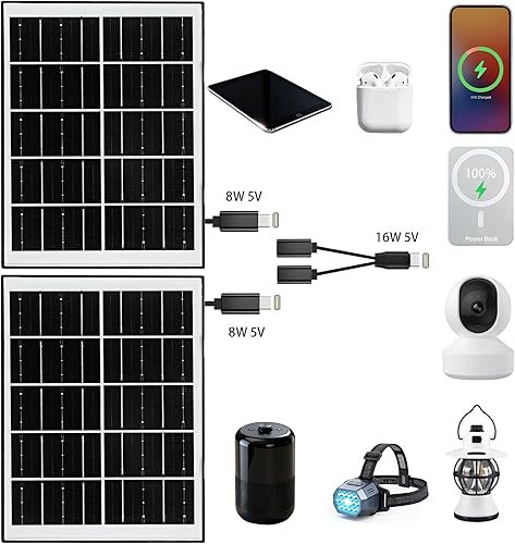 Miniatura 2 de Juego de cargador de paneles solares USB de 8 W 5 V tipo C, puerto micro USB DC portátil de 5 voltios y 8 W, panel solar monocristalino de alta
