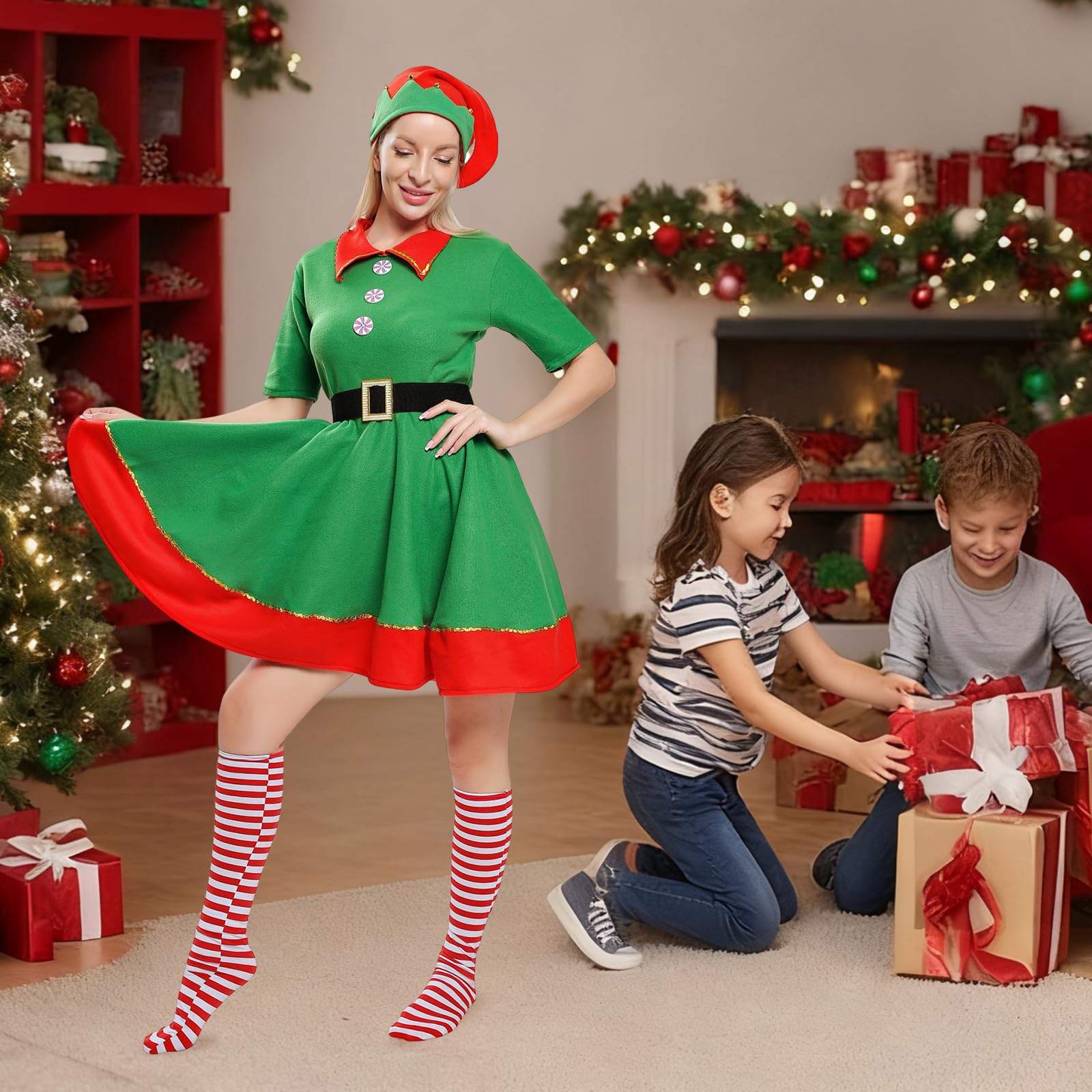 AudMsier Elfi Adulta Donna Costume, Festività Elfi Set Cappello Camicia Pantaloni, Natale Orgoglio Abito Gioco di Ruolo