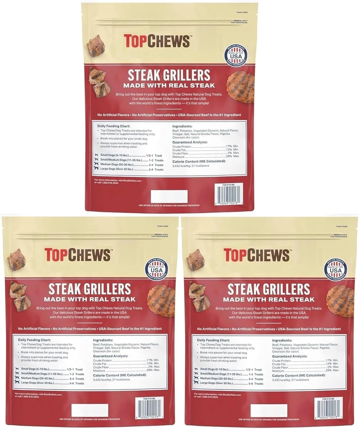 Top Chews Steak Grillers, Made with Real Steak; Beef No Artificial Flavors; No Artificial. 32 oz (Pack of 3)