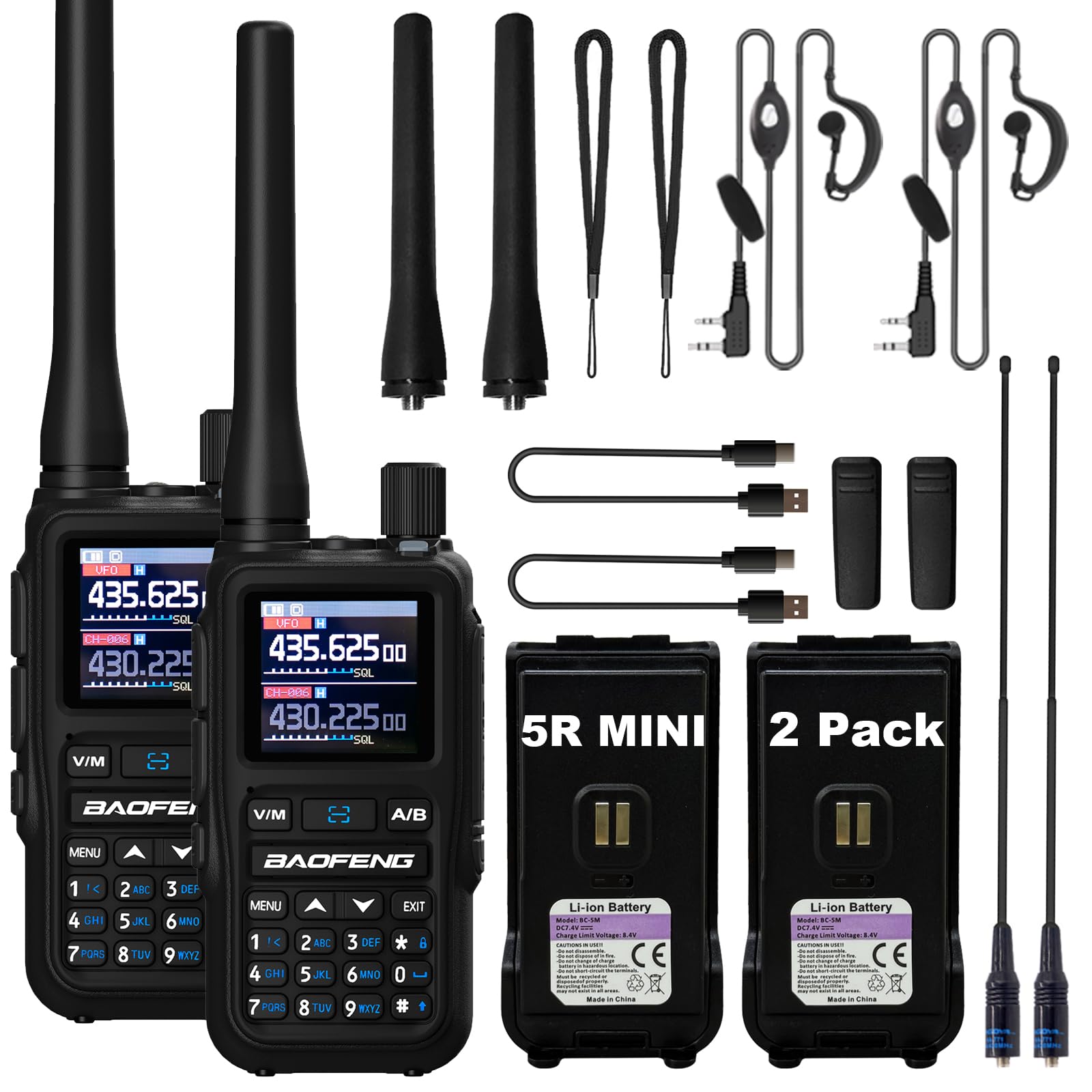 BAOFENG UV-5R Mini Two Way Radio BF-5R Mini Walkie Talkie Wireless Power Adjustable Tiny Size Frequency Copy 999 Channels Type-C Four Colors Portable Ham with 771 Antenna and Headset（2 Pack） (Black)