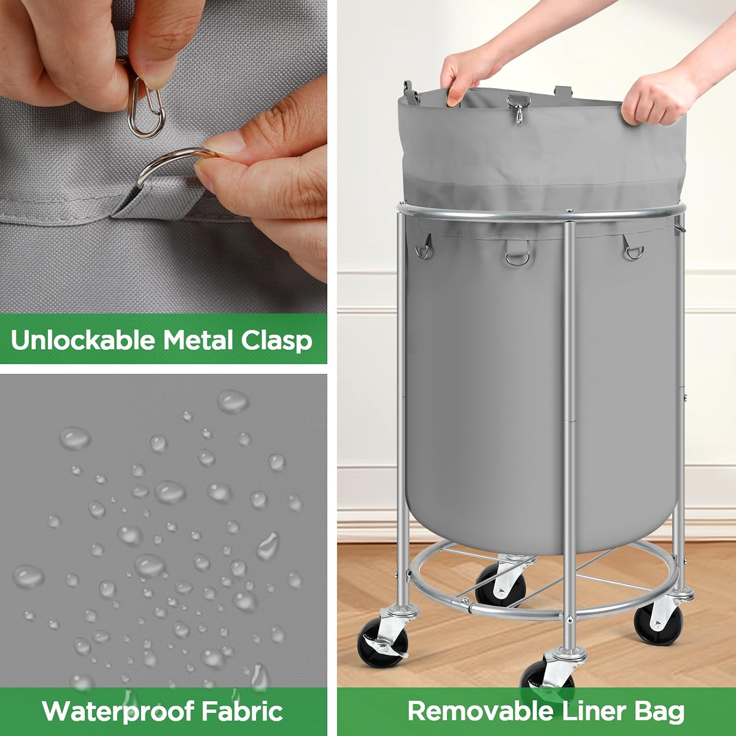 100L Round Rolling Laundry Hamper Basket with Wheels, Grey image 4