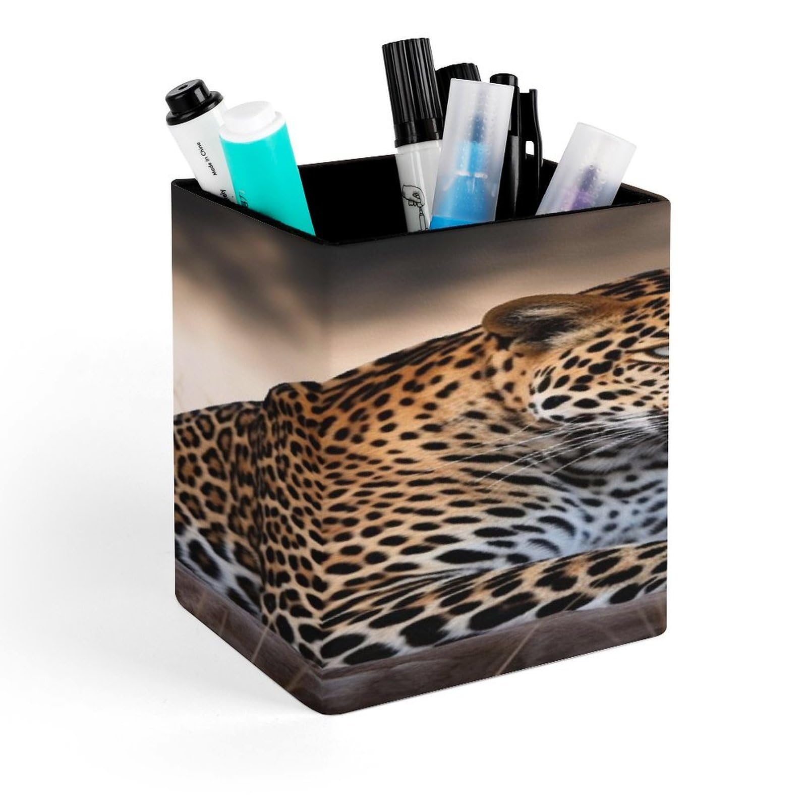 LZQPOEAS African Animal Leopard Square Pen Pencil Holder PU Leather Pencil Cup Desktop Stationery Organizer Office Accessories Container