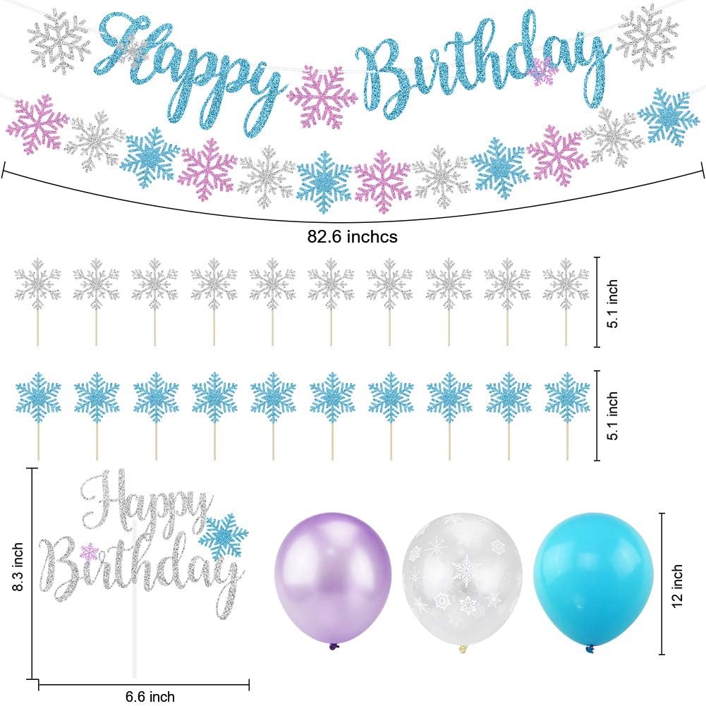Snowflake Birthday Party Decorations with Happy Birthday Banner, Cake Toppers, Purple, Blue, White Snowflake Balloons for Frozen Party Supplies Winter Wonderland Baby Shower - Image 4