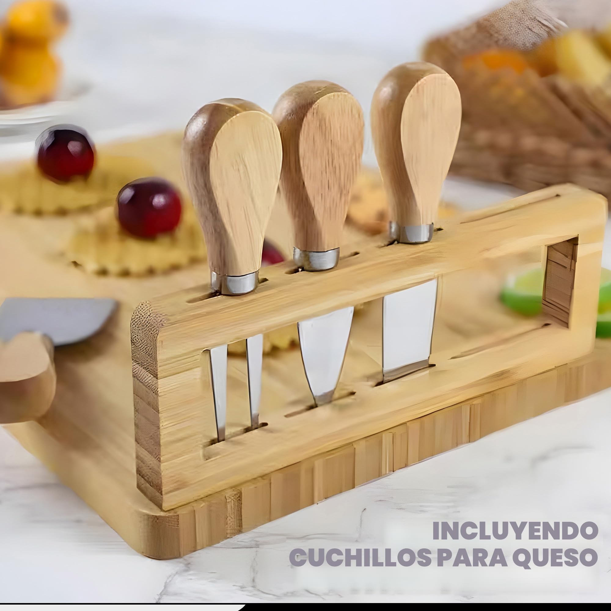 Tabla de Quesos de Bambú con Cuchillos y Tenedores - Set de Tabla para Aperitivos y Embutidos con Bandeja de Servicio | Bandeja de Madera Ecológica para Tapas, Fruta y Carne | Regalo Original
