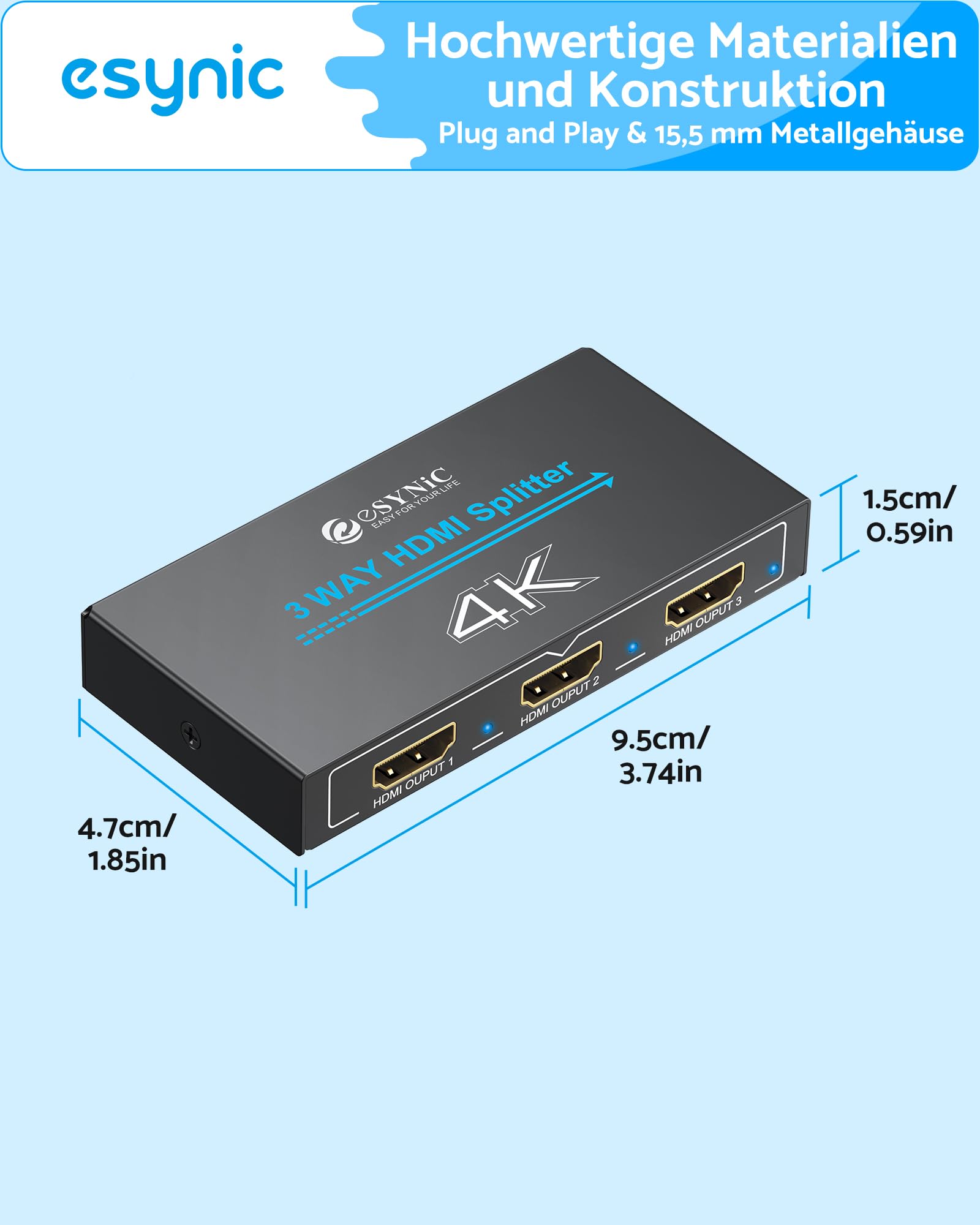 eSynic 4K HDMI Splitter Verteiler 1 in 3 Out – Metallgehäuse, HDCP 1.4, Dolby/DTS Unterstützung, 3D Kompatibilität, für PS4, Laptop, Blu-ray, HDTV – Nur Spiegelmodus, kein Erweiterungsmodus