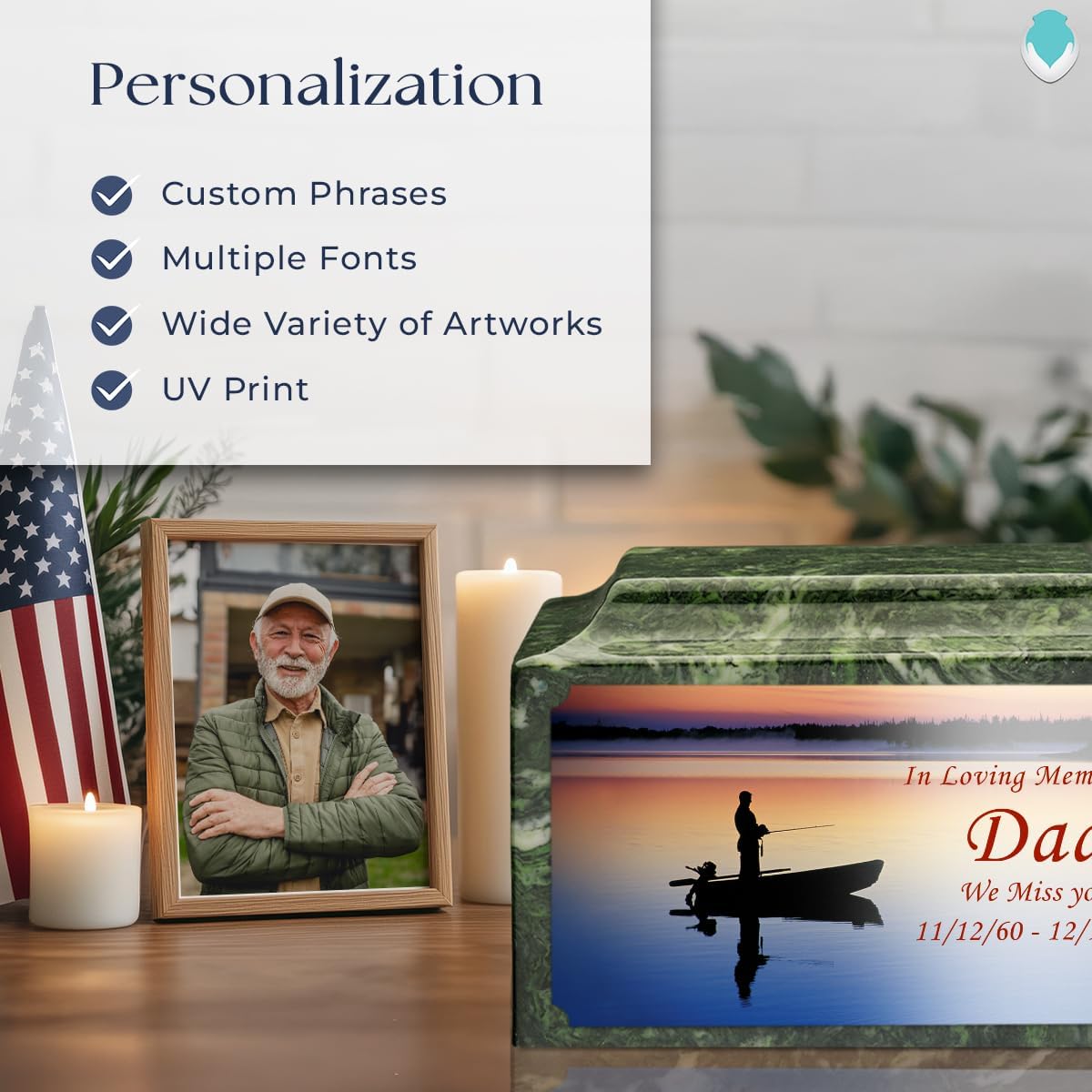 GetUrns – Legacy Cultured Marble Urn by Mackenzie, Adult Size Cremation Urns, Custom UV Printed Burial Urn for Ashes, 210 Cubic Inch Cemetery Urns for Ashes, Fishing, Verde