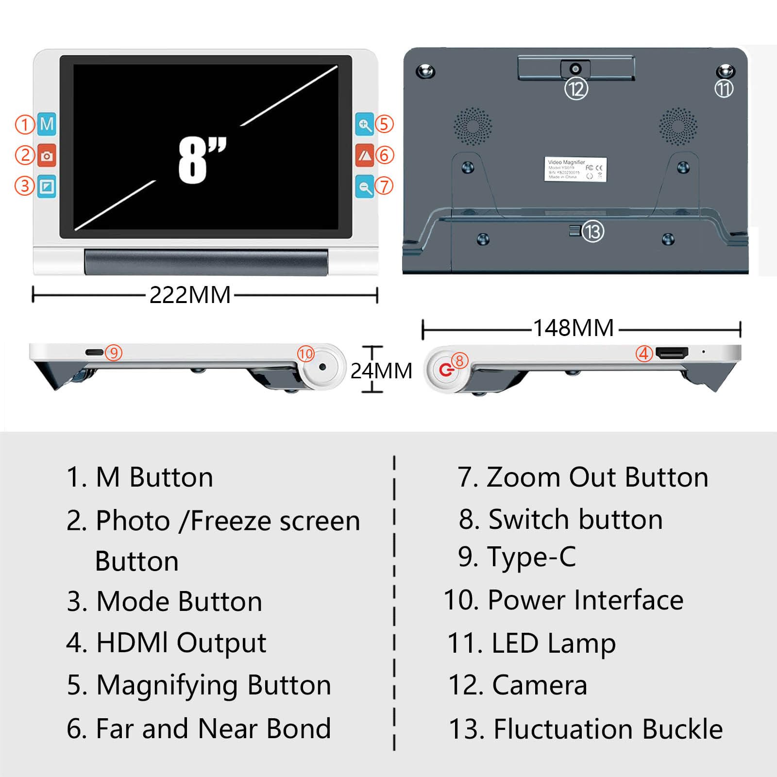 Lupa de Mano, Lupa electrónica de Ayuda para la Lectura, 26 Modos de Color, Enfoque automático y Zoom de 2X a 20X, Compatible con conexión a PC/TV,White
