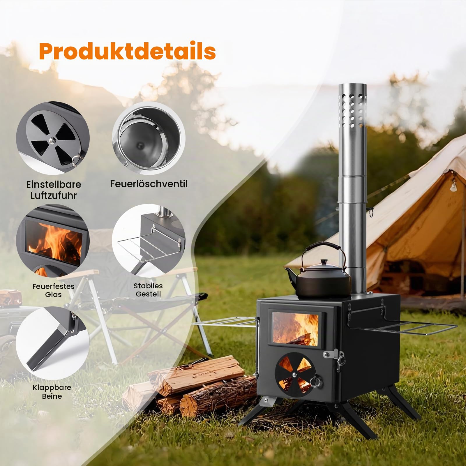 SOPPY Zeltofen mini Holzofen Tragbarer Campingkocher Edelstahl Herd Campingofen Gartenofen mit Schornsteinrohre Werkstattofen für Zelt/Garten/Camping/Outdoor/Picknick/Kochen, Schwarz