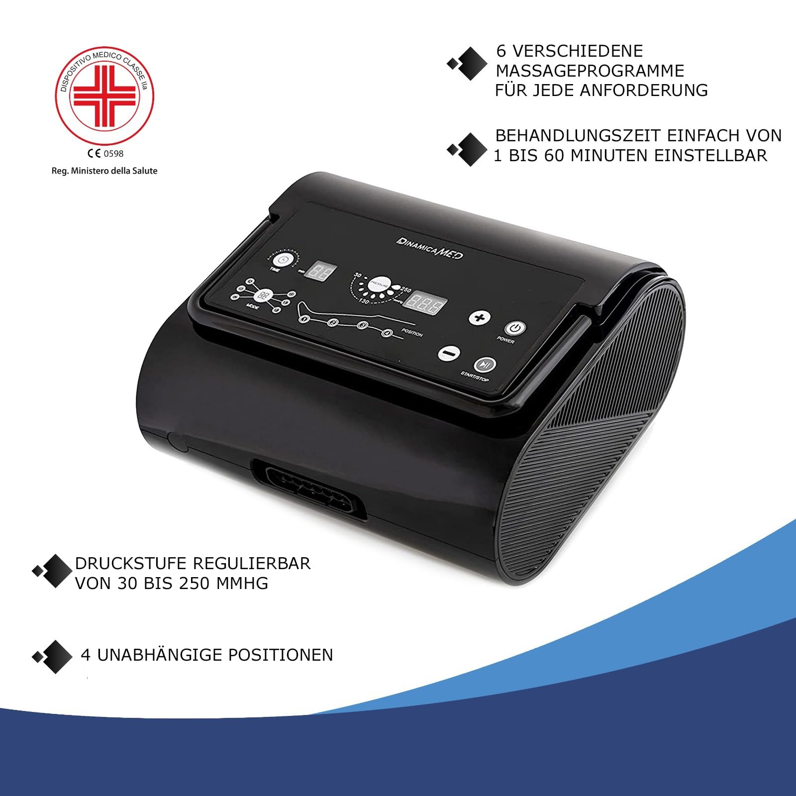 Dinamicamed | PREMIUM 4.0 Beinmassagegerät | 4 Luftkammern | 6 Programme mit Beinmanschetten und Bauch | Individuell einstellbar, Fernbedienung | Pressotherapy Lymphdrainage Gerät