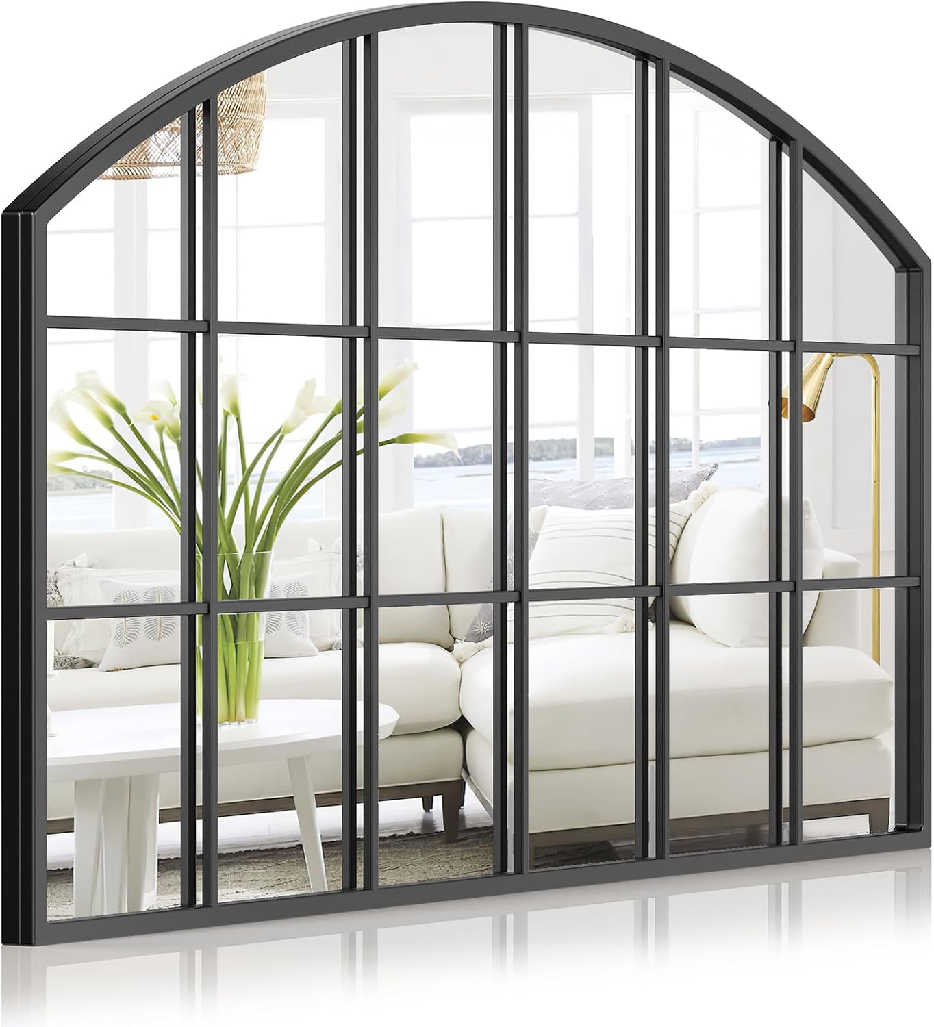 Wide Window Pane Mirror, 44" x 28" Black Arched Mirror for Wall, Grid Large Decorative Wall Mirrors for Living Room Bedroom Farmhouse Fireplace Hallway Entryway