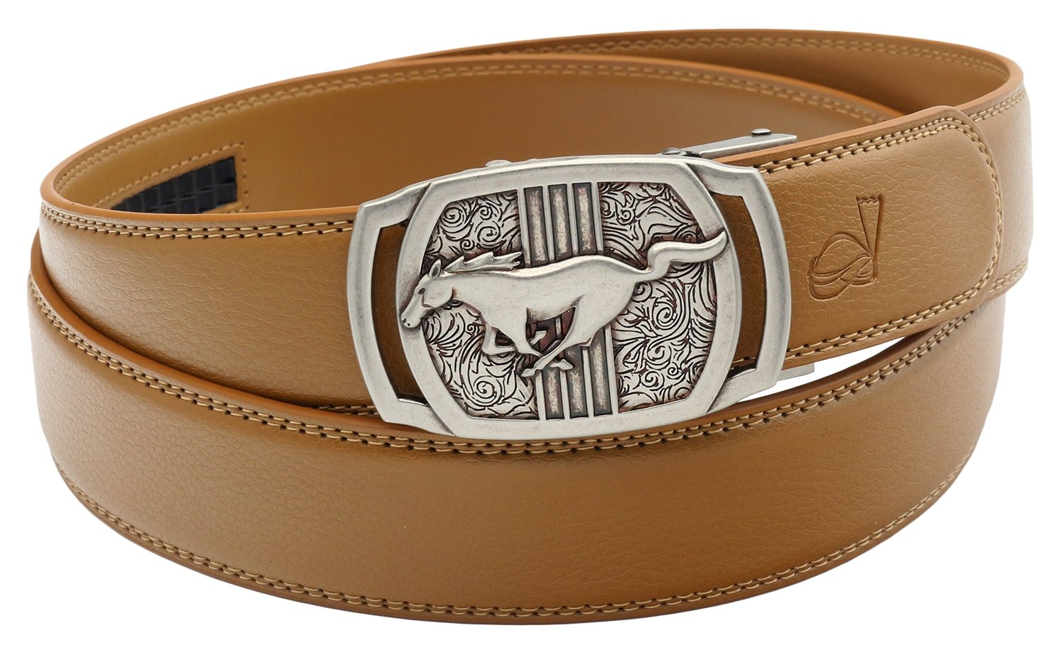 QHA Mens Leather Ratchet Belt Runing Horse Automatic Buckle 35mm Wide Q26 Silver Tan 32"-36"