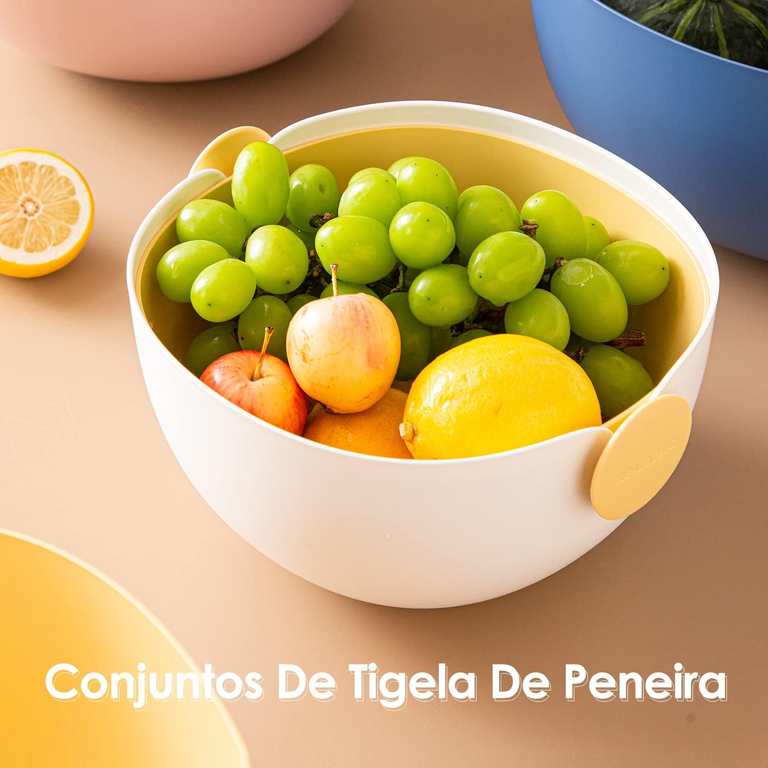 Kitchen Strainer Colander & Bowl 2-in-1 Sets of 2,Strainers for Fruits Vegetables Cleaning Wash（Yellow）