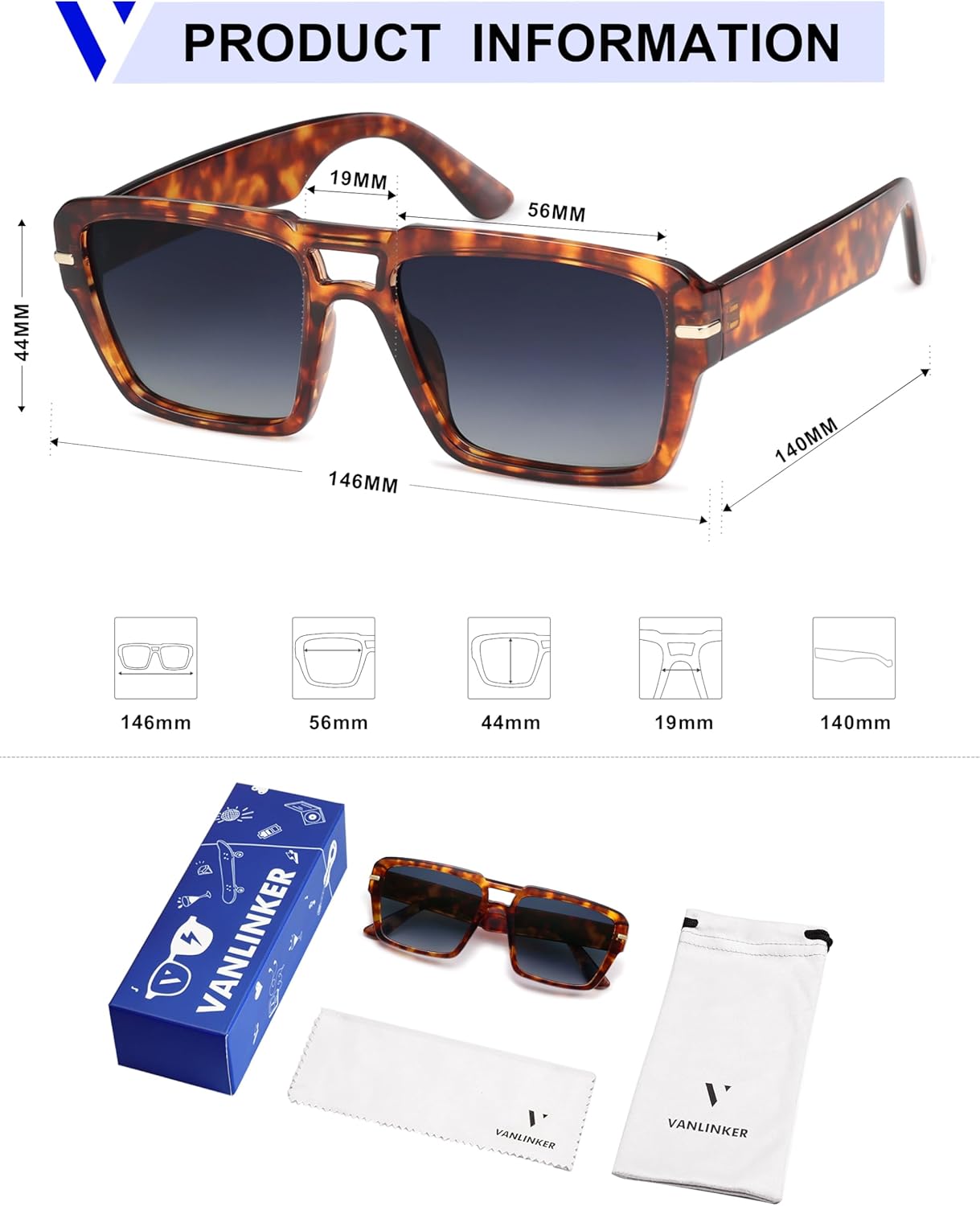 VANLINKER Polarized Trendy Square Double Bridge Aviator Sunglasses for Women Men Retro Vintage Shades VL9835 - Image 5