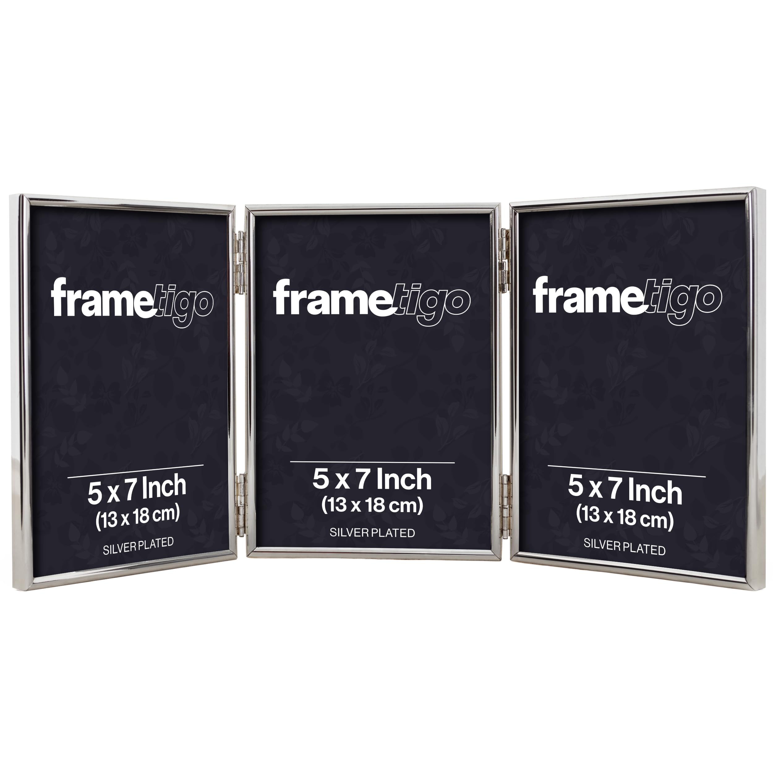 Frametigo Silver - Plated Thin Edge Triple Photo Frame, 5"X7" (13X18cm) Photo Size - Portrait Orientation - Velvet Frame Backing - Polished Edge Real Glass - Stylish Frames - Tarnish Resistant