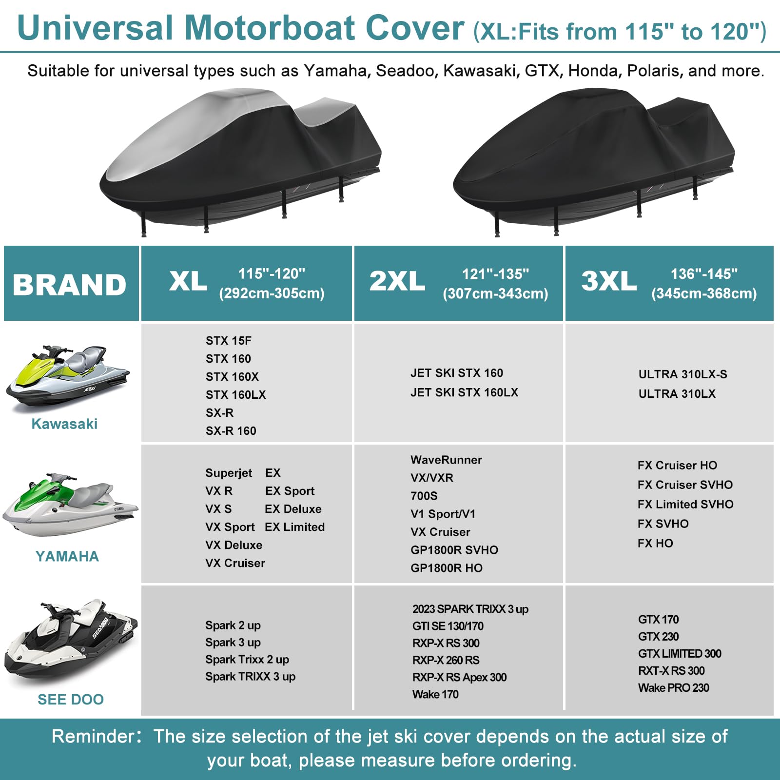 Jetski, telo di copertura impermeabile, 420D, rivestimento in nanosilber, resistente ai raggi UV, accessorio universale Jetski con 2 aperture di ventilazione, strisce impermeabili (argento nero, XXL