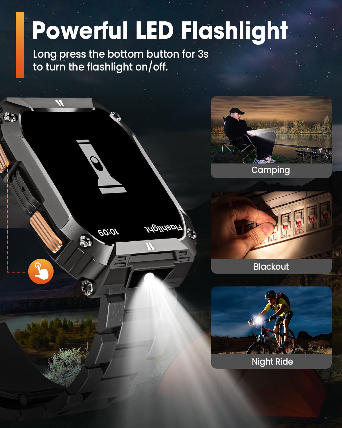 Montre Connectée Homme avec LED Lampe/1000mAh Batterie, 2.01" AMOLED Smartwatch Militaire avec Appel Bluetooth, 113 Modes Sportifs, 5 ATM Étanche, 24/7 Fréquence Cardiaque/Sommeil Android iOS