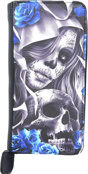 Blue Los Muertos Sugar Skull zip around clutch Wallet