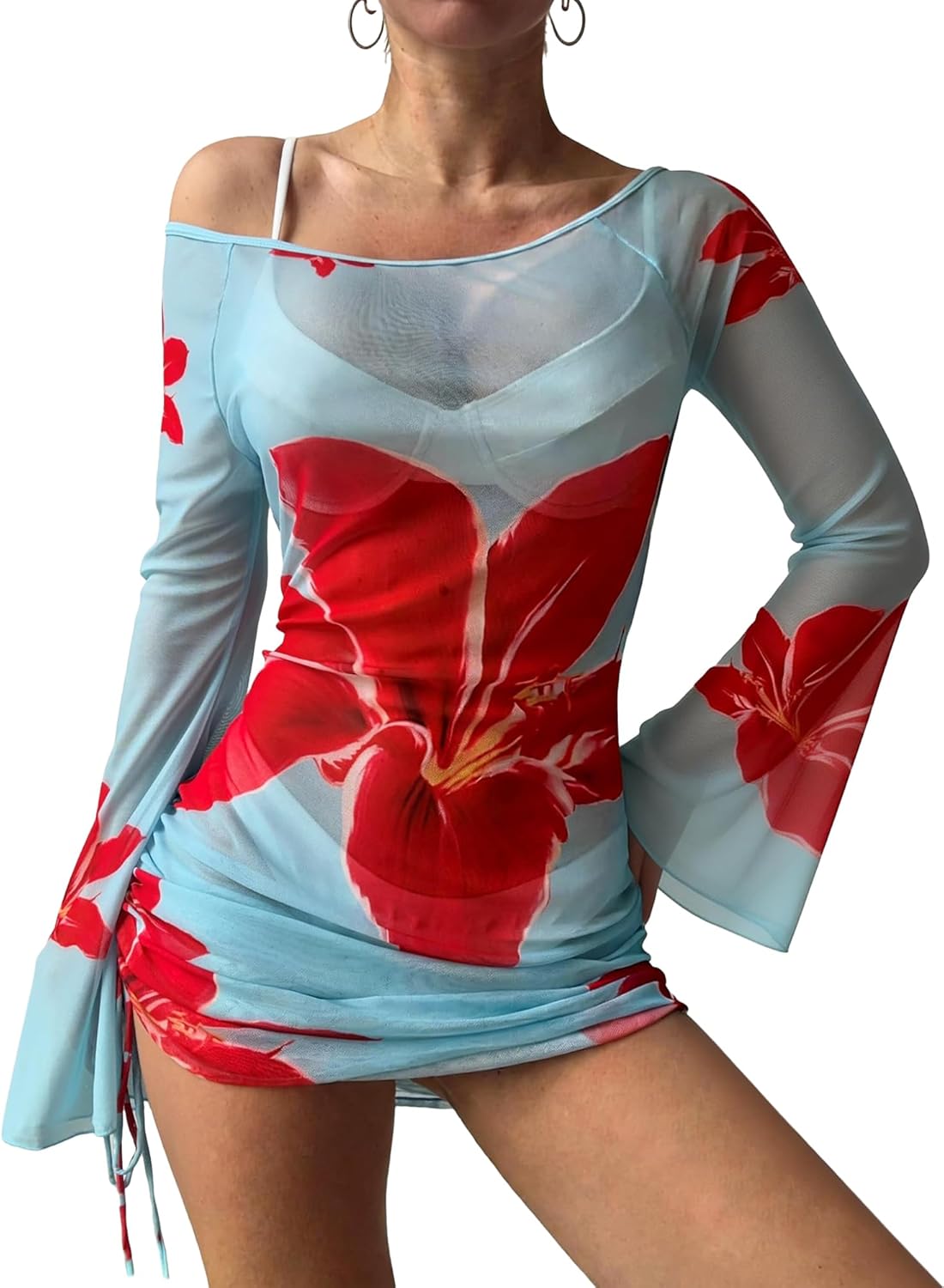 Swimsuit Cover Up for Women Sheer Mesh Ruched Side Coverup Long Bell Sleeve Off Shoulder Swim Beach Floral Dress