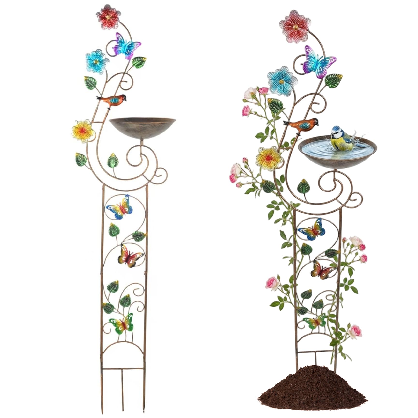 Bain d'oiseaux vintage de 60 pouces en métal coloré avec tuteur de jardin intégré