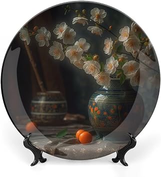 Decorative Plate 7inch Bone China Dessert Plate with Display Stand Ceramic Plates Flowers in Vase Decorative Plates Art Crafts Living Room