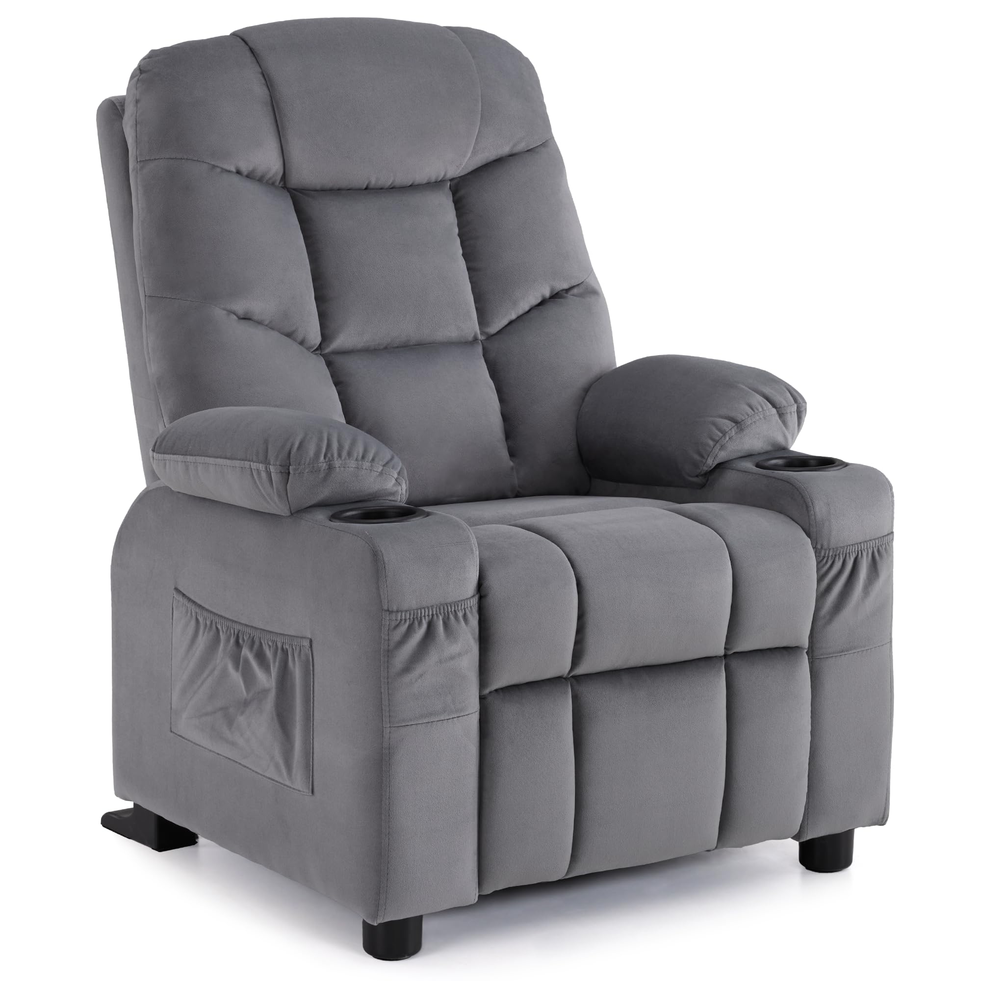 MCombo Big Kids Recliner for Ages 3+, Child Reclining Chair, Toddlers Recliner Sofa with Cup Holders (Velvet, Dark Grey)