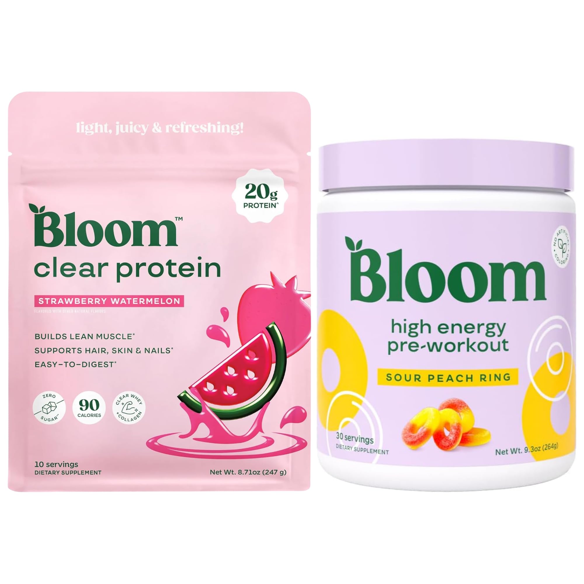 Bloom Strawberry Watermelon Clear Protein and Sour Peach Ring Pre Workout Bundle