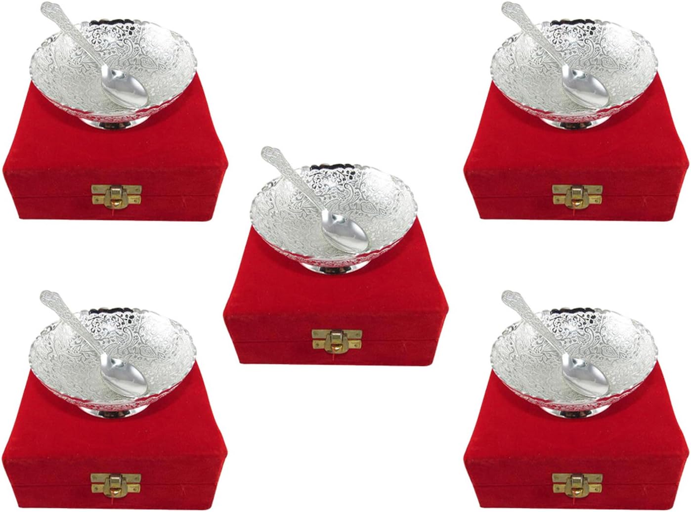 GoldGiftIdeas 4 Inch Silver Plated Round Shape Serving Bowl, Brass Bowl for Gift, Return Gift for Wedding and Housewarming, Decorative Bowl with Spoon for Home (Pack of 5)