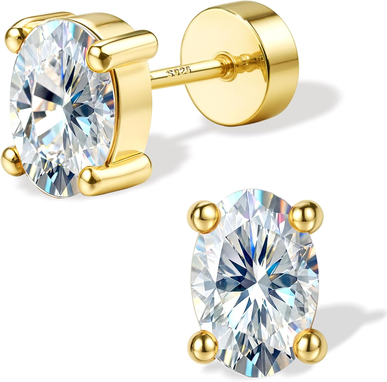 Moissanite Earrings Studs Flat Back Earrings Hypoallergenic - 14K Gold Plated Sterling Silver Earring for Women Men Small Dainty Cartilage Helix Piercing Jewelry D Color VVS1