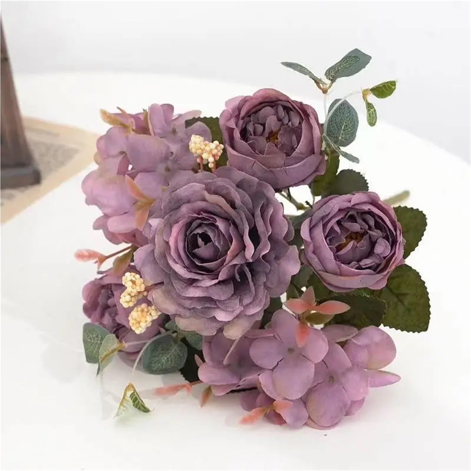 WHMWT 1/4pcs Artificial Flowers Silk Rose Bouquet Hydrangea Peony Bridal Holding Fake Plants Home Room Wedding Decoration Diy Gift Box(Purple,4Pack)