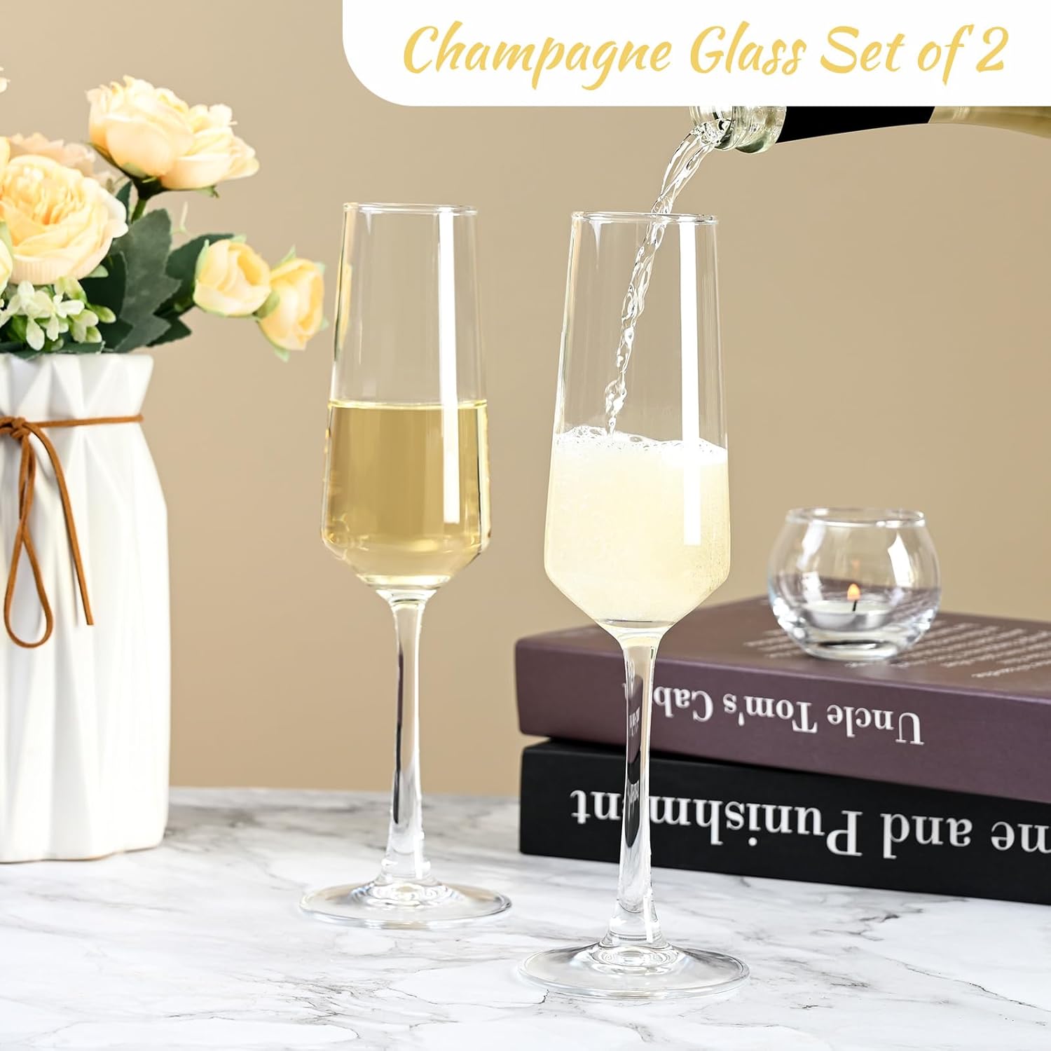 Glass Champagne Flutes Glass, Champagne Glasses Set of 2, Stemmed Mimosa Glasses 9oz, Hand Blown Champagne Flutes, Prosecco Glasses, Gifts for Weddings, Dishwasher Cleaning Christmas - Image 4