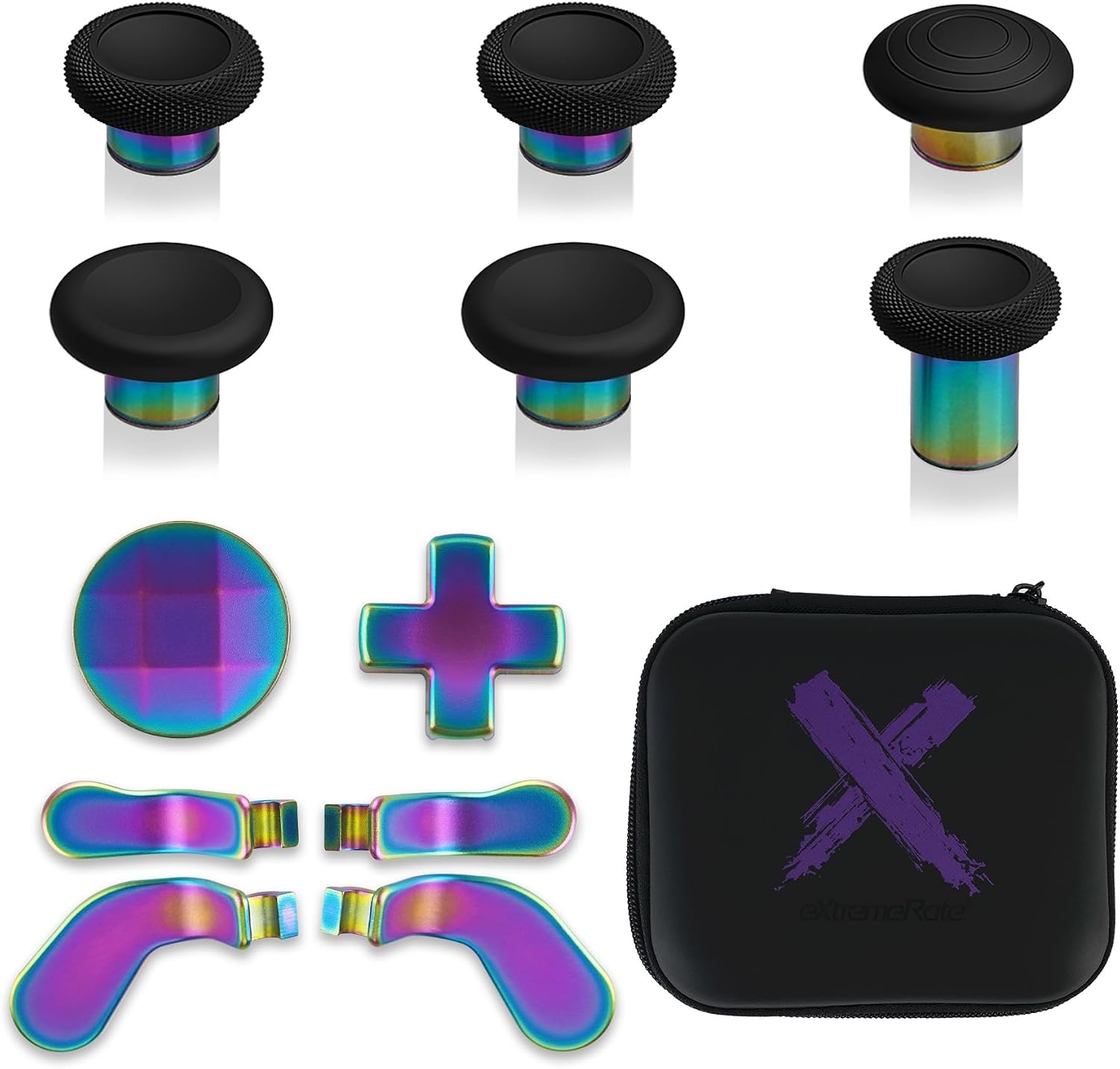 eXtremeRate 13 in 1 Component Pack Kit for Xbox Elite Series 2 Controller, 6 Metal Thumbsticks & Tool, 2 D-Pads, 4 Paddles for Xbox Elite Series 2 Core Controller - Metallic Rainbow Aura Blue & Purple