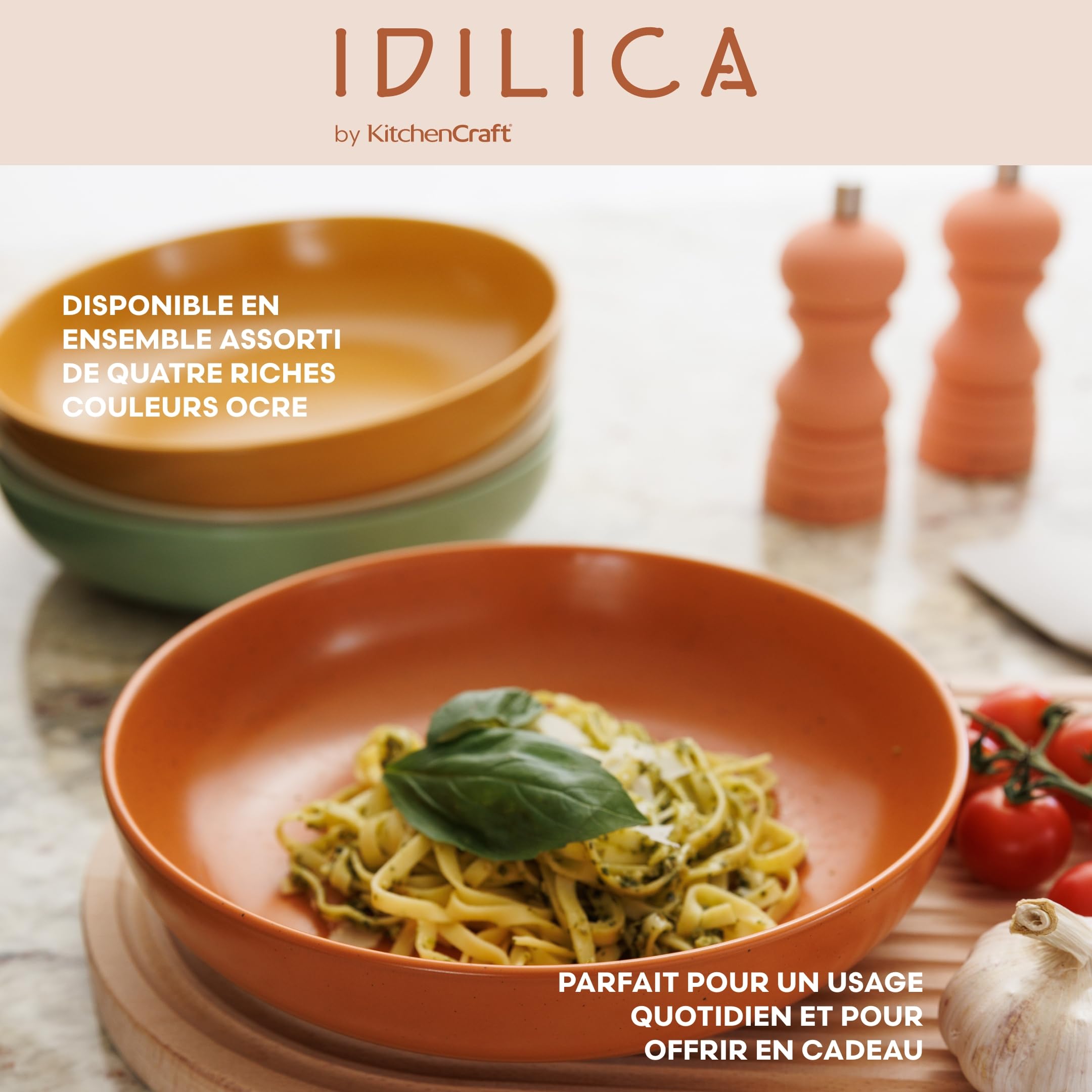 KitchenCraft Idilica Stoneware Pasta Bowls, lot de 4 bols en céramique peu profonds, résistants au micro-ondes et au lave-vaisselle, couleurs assorties