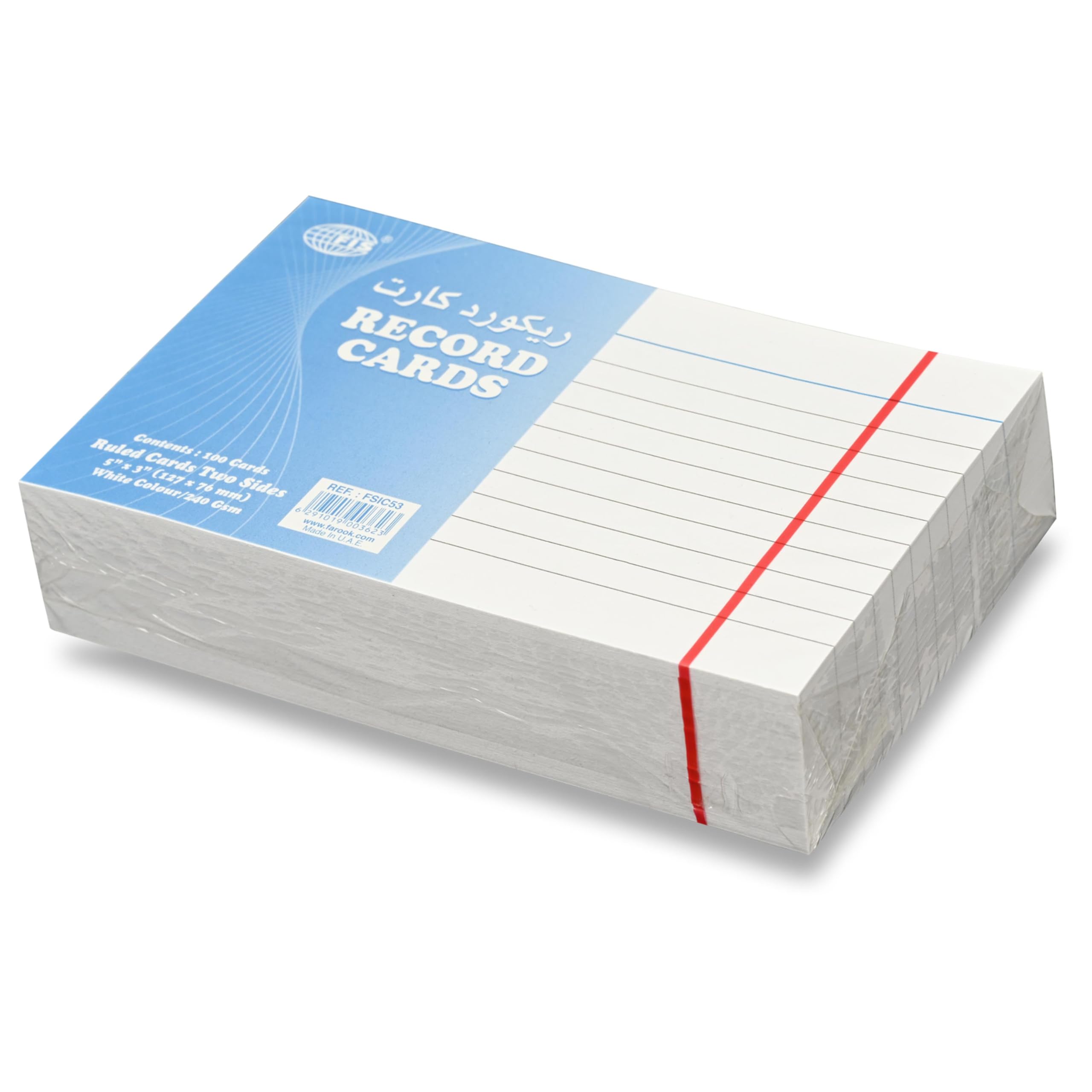 FIS® Ruled Record Cards or Index Cards, Size:5"x3" Inches (127x76mm), Two Sides Single Ruled, 240gsm, 100 Sheets Per Packet, 1 Packet, White Color-FSIC53