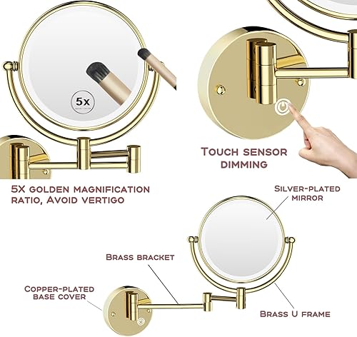 Miniatura 4 de Espejo de maquillaje de baño de 8 pulgadas, brazo oscilante de doble cara 1X5X, espejo de aumento iluminado con cableado montado en la pared, latón