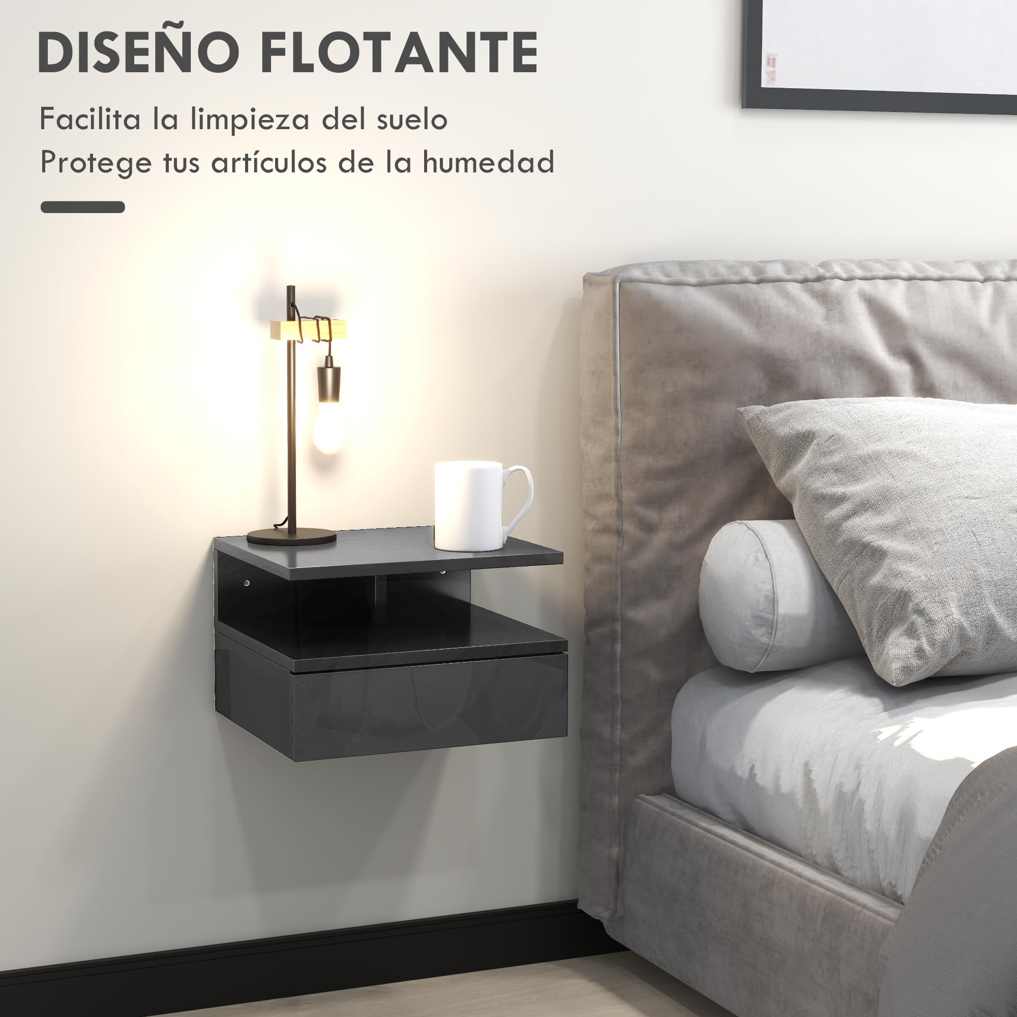 HOMCOM Set 2 Tables Nuit suspendues compactes 35x32x22.5 Noir Brillant