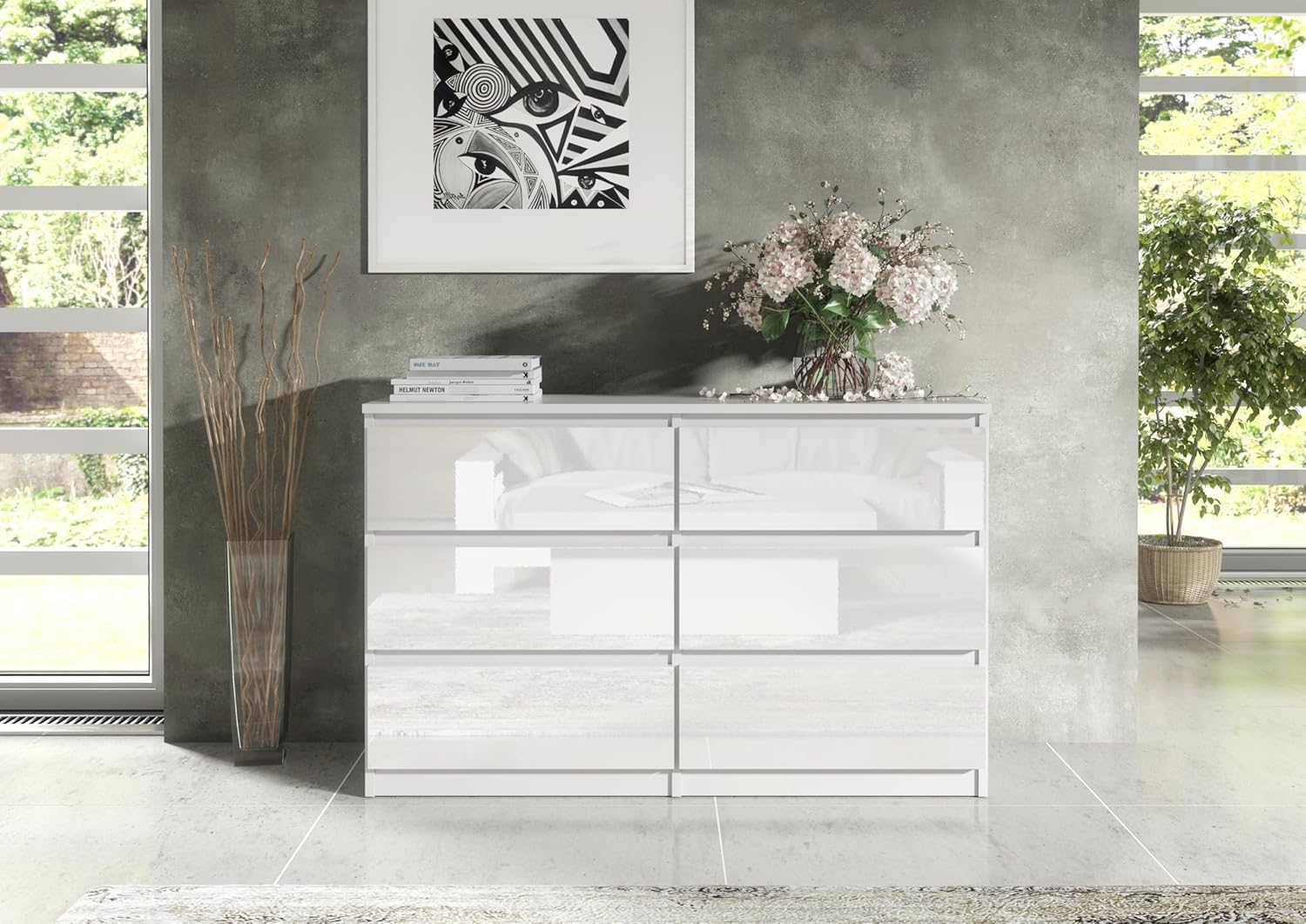 meble masztalerz Komoda Biała z 6 szufladami - Fronty w połysku - 138,5x78,5x39 cm - Komoda do salonu, sypialni - Szafka z szufladami - Komoda z szufladami