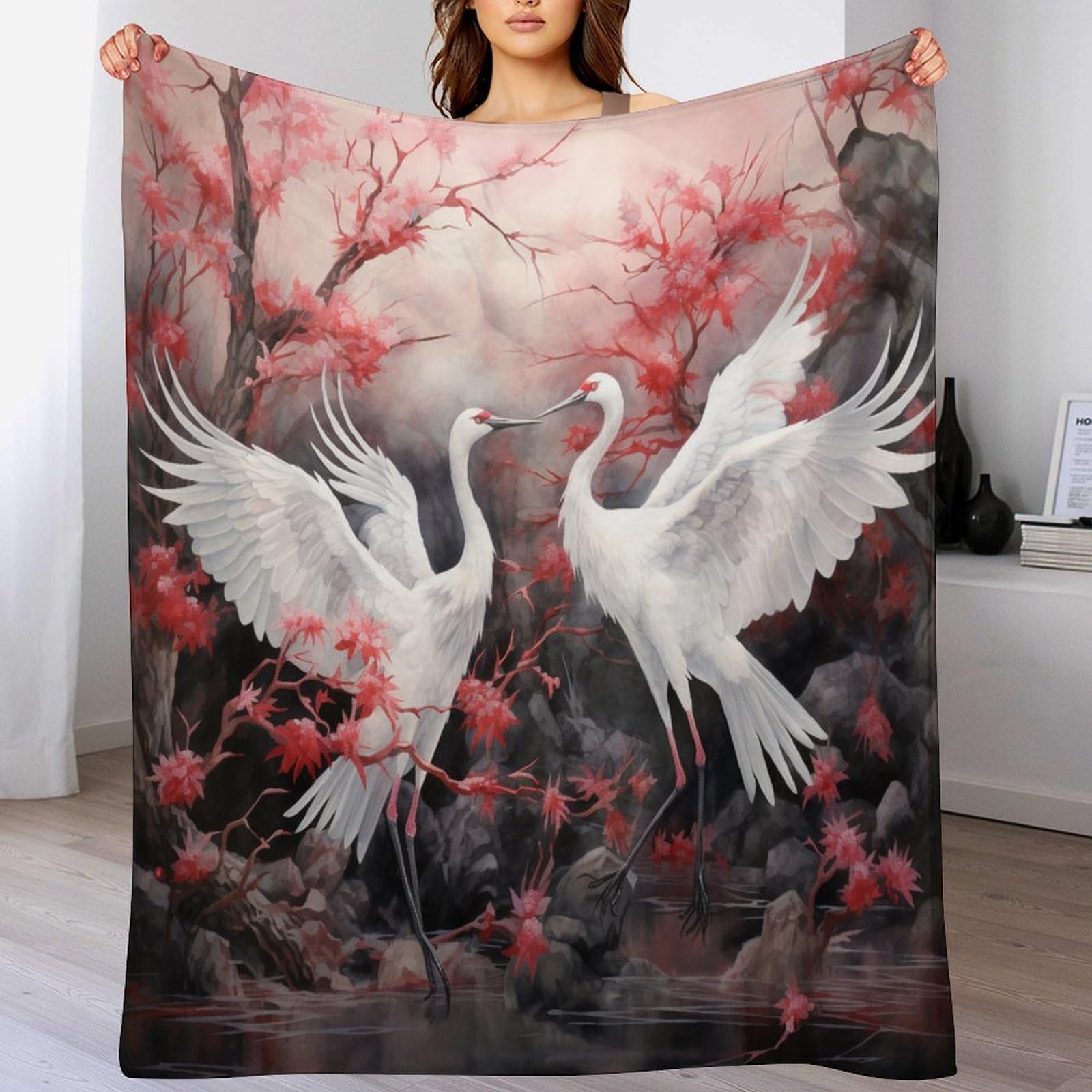Couverture polaire grue blanche en flanelle 150x200cm pour lit et canapé