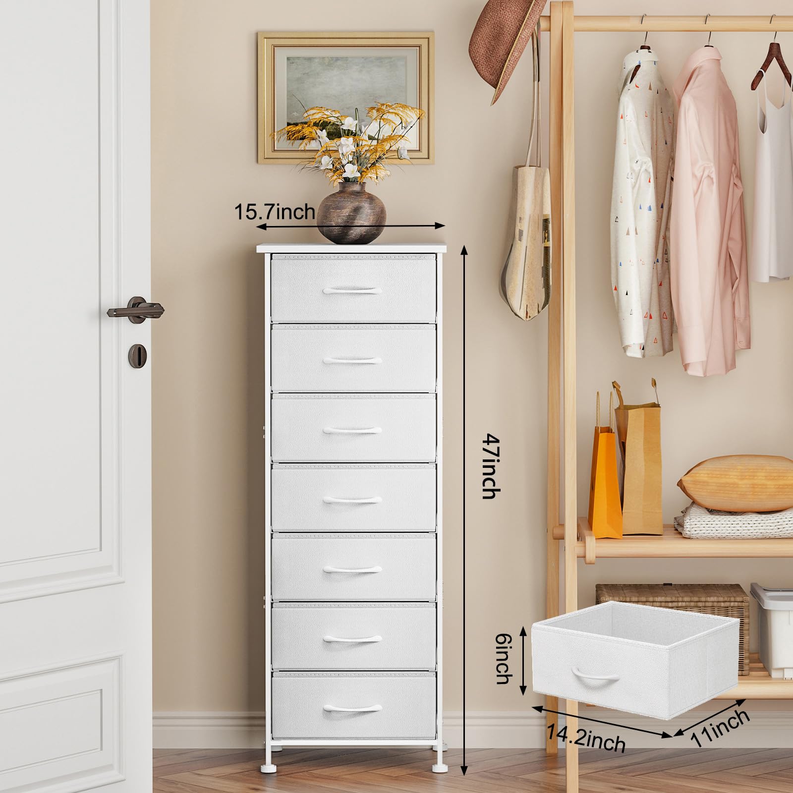 Fixwal Tall Skinny Dresser with 7 Fabric Drawers, Narrow Dresser ,White