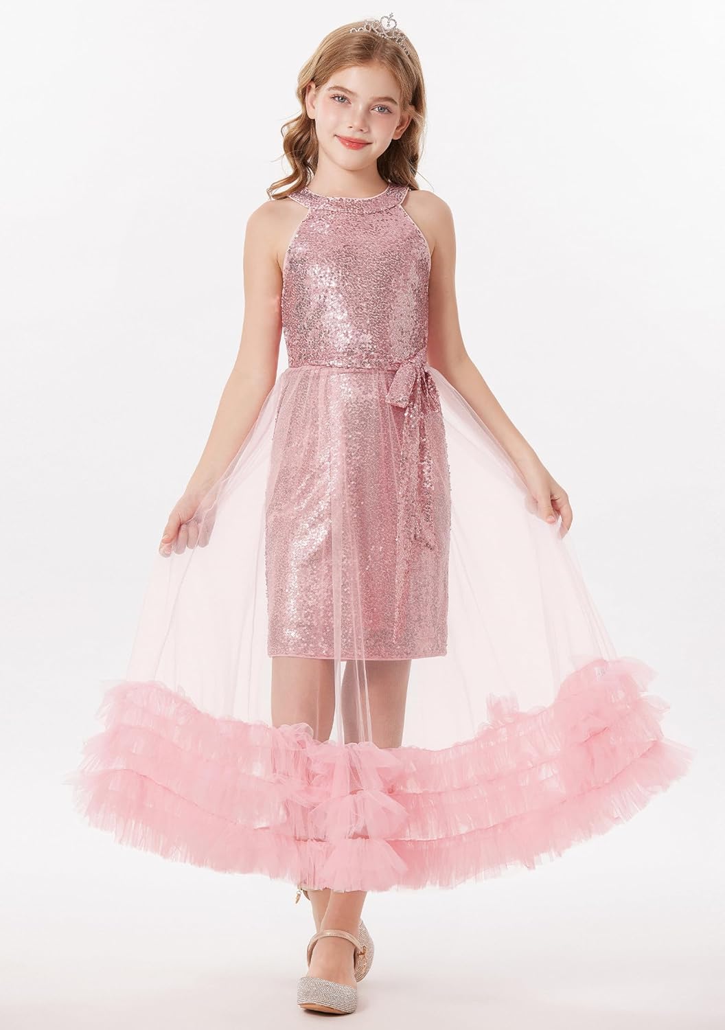 GRACE KARIN Girls Sequin Dress Sparkly Formal Party Pageant Halter Tulle Maxi Teen Prom Dresses for 7-14 Years