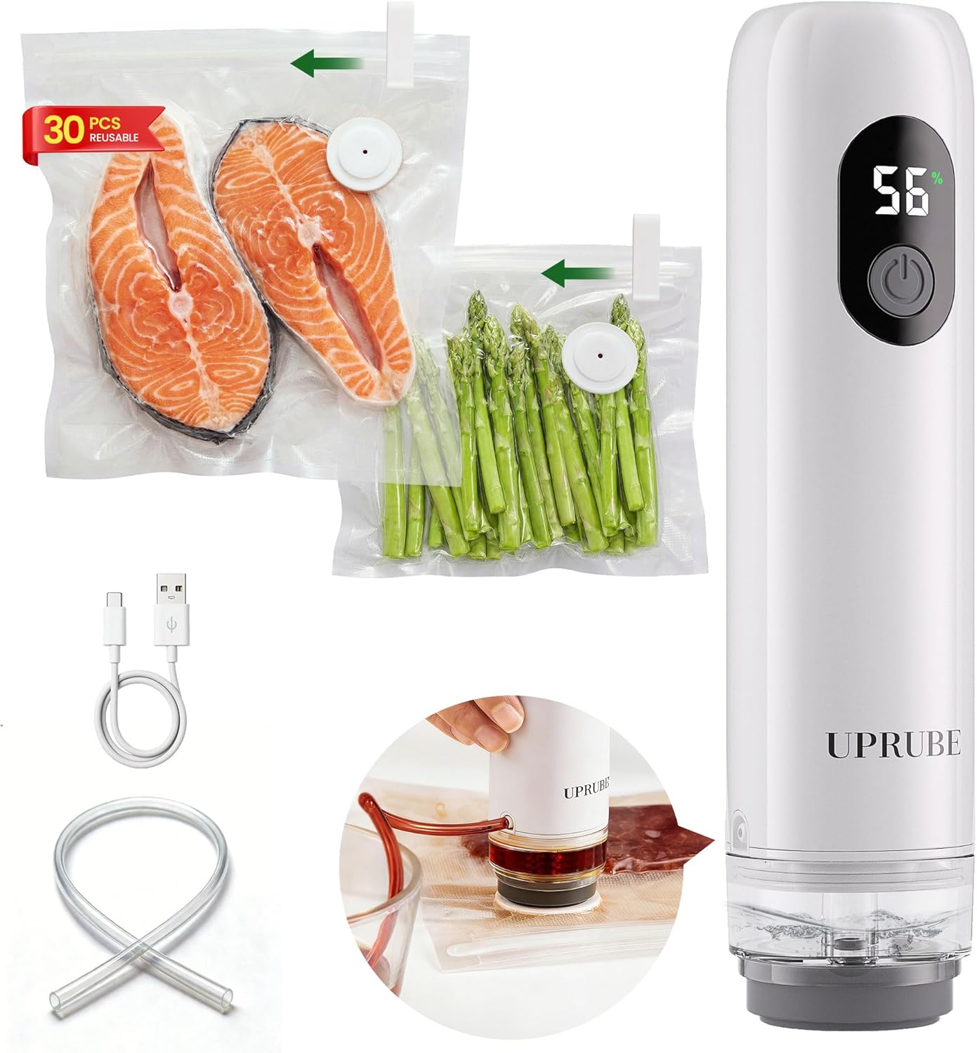 Compact Vacuum Sealer for Food (Vacuum Sealer Machine + 30 Reusable Vacuum Bags), Powerful Handheld Food Vacuum Sealer Machine with LED Display & Liquid Drainage Tube, Portable Food Sealer