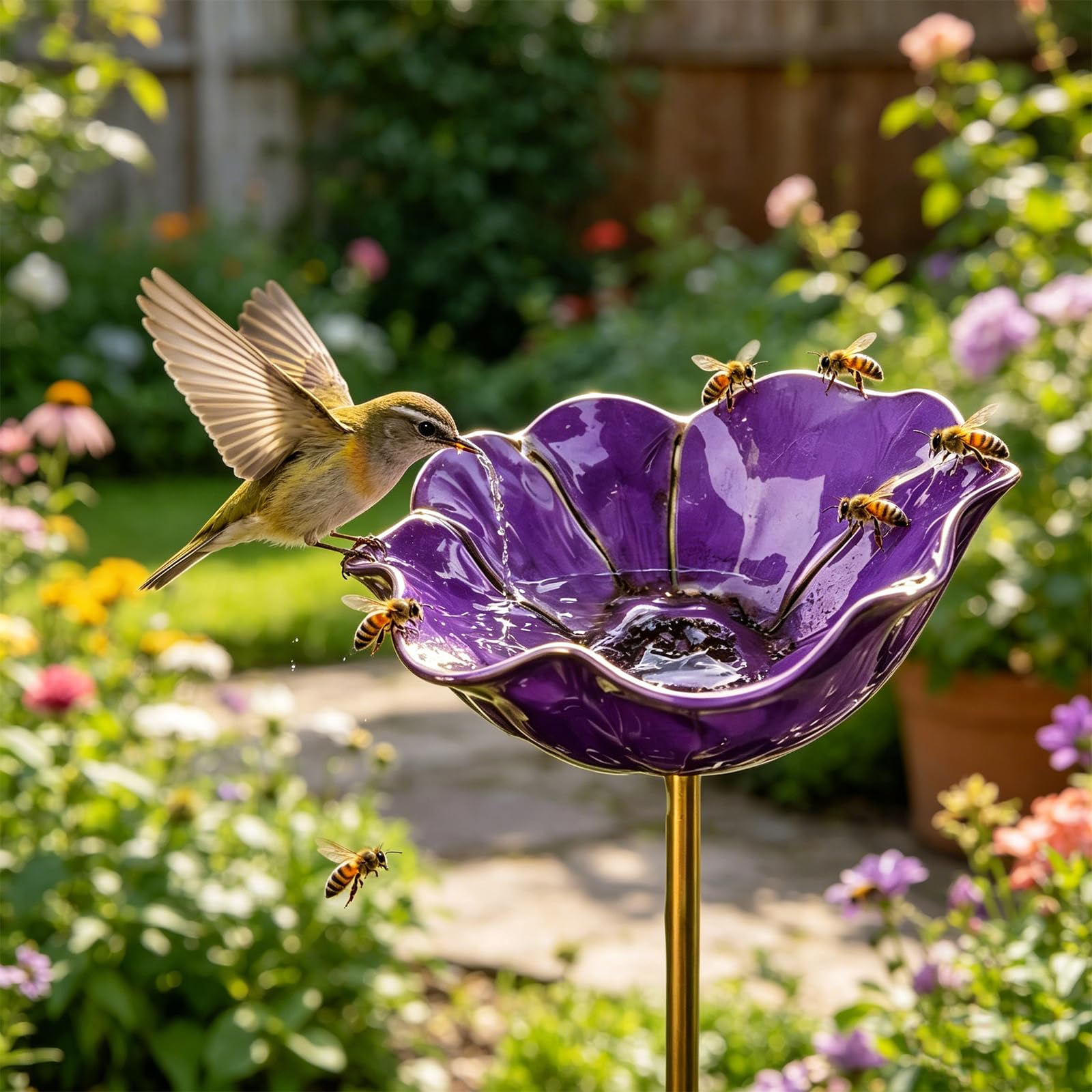 Handmade Metal Flower Garden Stake, Colourful Butterfly & Bee Water Feeder, Rain Catcher Bird Bath Bowls for Outdoor Yard, Lawn & Patio Décor (1pc-Purple)