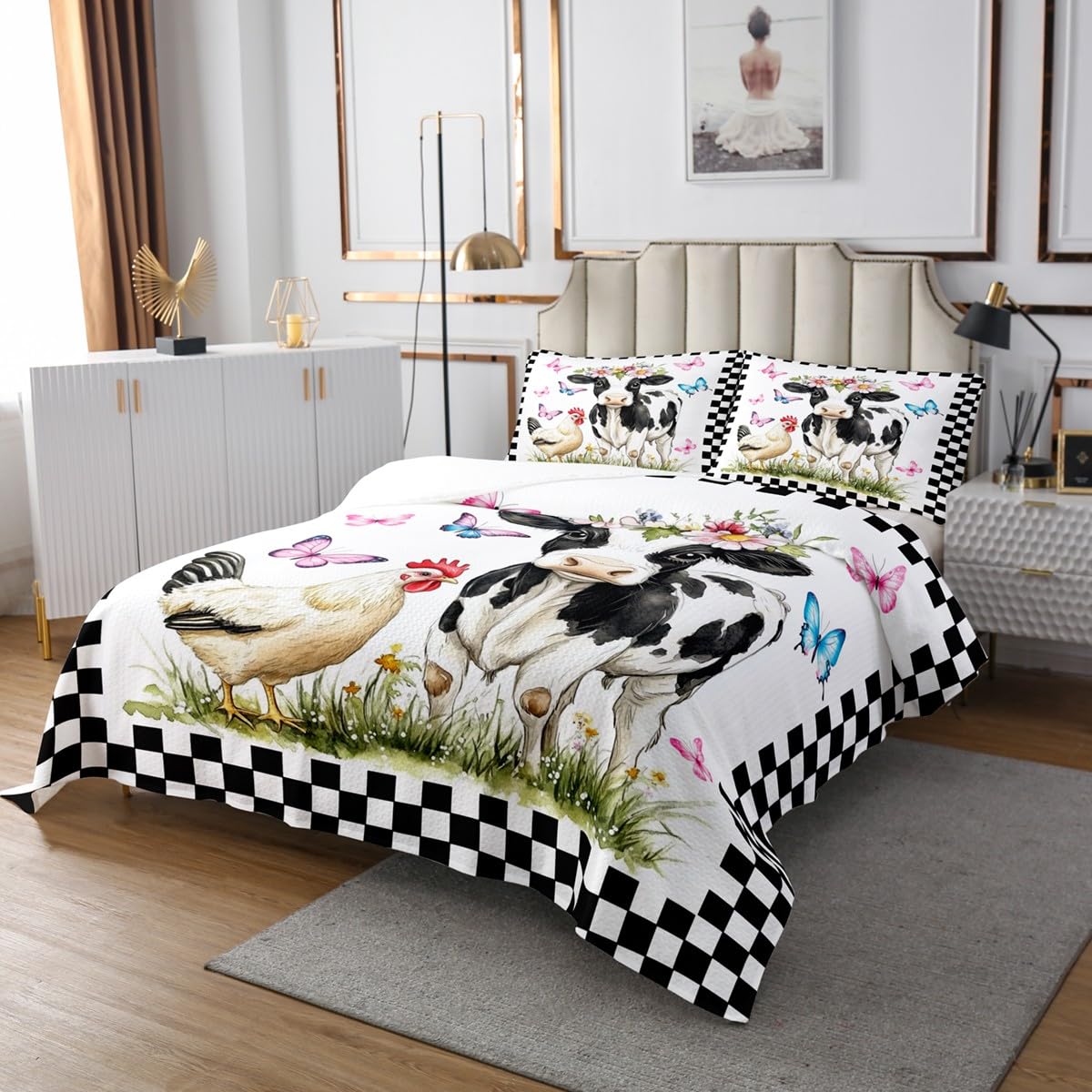 Milk Cow Quilts Set for Kids Boys,Black White Farm Cattle 2Pcs Bedspread Coverlet Set,Farmhouse Spring Flowers Bed Cover Set,Geometric Grids Bedspread Coverlet with 1 Pillowshams (Twin Size)