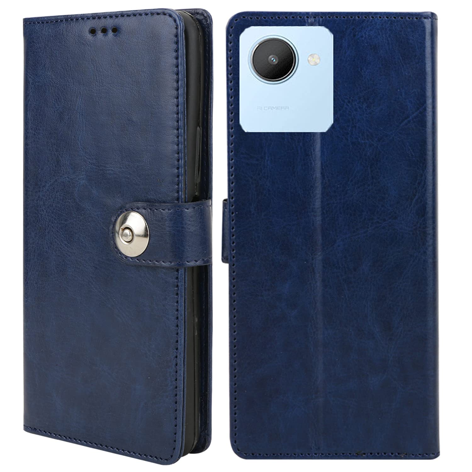 MG Star Button Back Cover for Realme Narzo 50i Prime PU Leather Case with Card Holder and Magnetic Stand-(Blue)(Grip Case)
