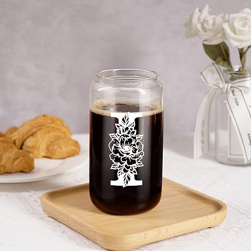 Miniatura 7 de Taza de Vidrio Inicial Coolife, Regalos Personalizados para Mujeres, Tazas de Vidrio de 16 oz con Tapas y Popotes, Vaso para Café Helado, Licuado