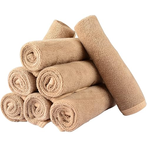 Microfiber Face Towel Face Cloth Facial Wash Cleansing Cloth Makeup Remover for Face 8 Pack (12 x 12 inch) Super Absorbent Quick Fast Drying Soft Eco-Friendly Towels (Camel)