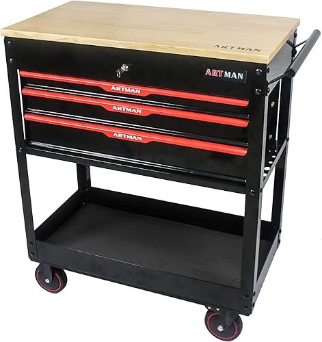 nifoti Carrito de herramientas de 3 cajones con ruedas, caja de almacenamiento de herramientas con parte superior de madera, caja de herramientas